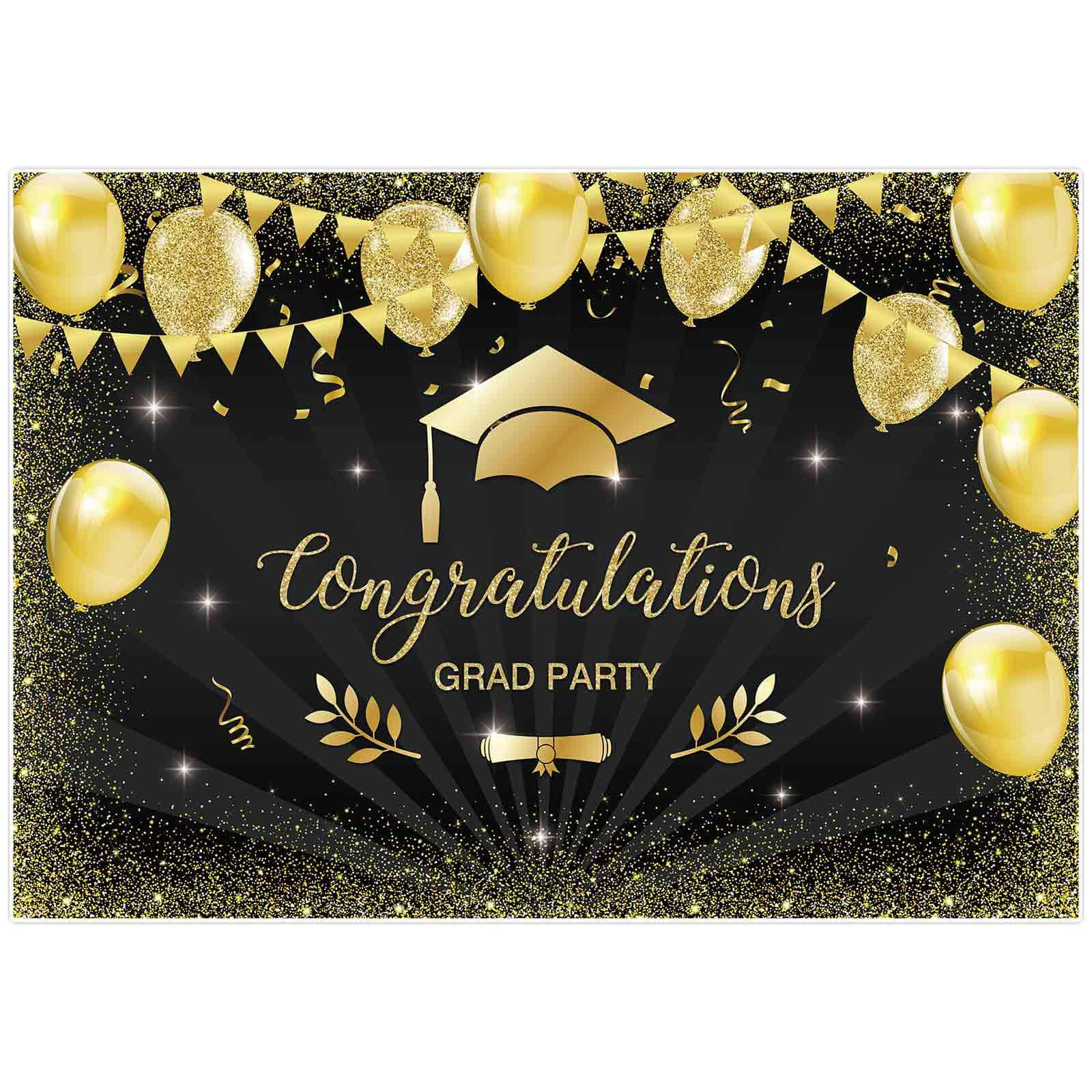 Graduation 桌布 壁紙 — 金色氣球紙屑和畢業帽點綴在閃爍的黑色背景上，營造慶祝畢業派對的氣氛。