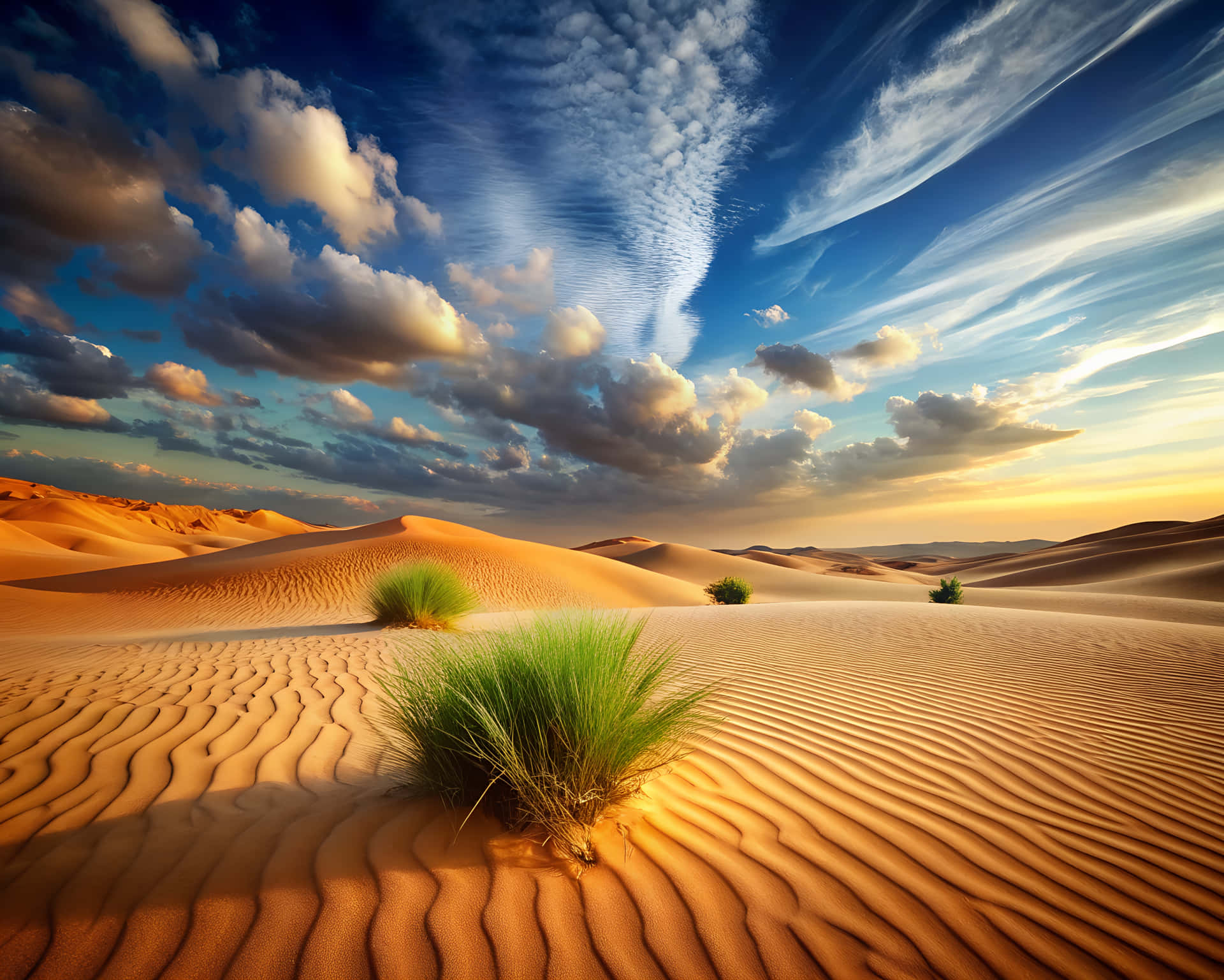 Desert with bush 壁紙 — 金色沙丘在戲劇性的天空下起伏，天空中有蓬鬆的雲朵和夕陽的光線。