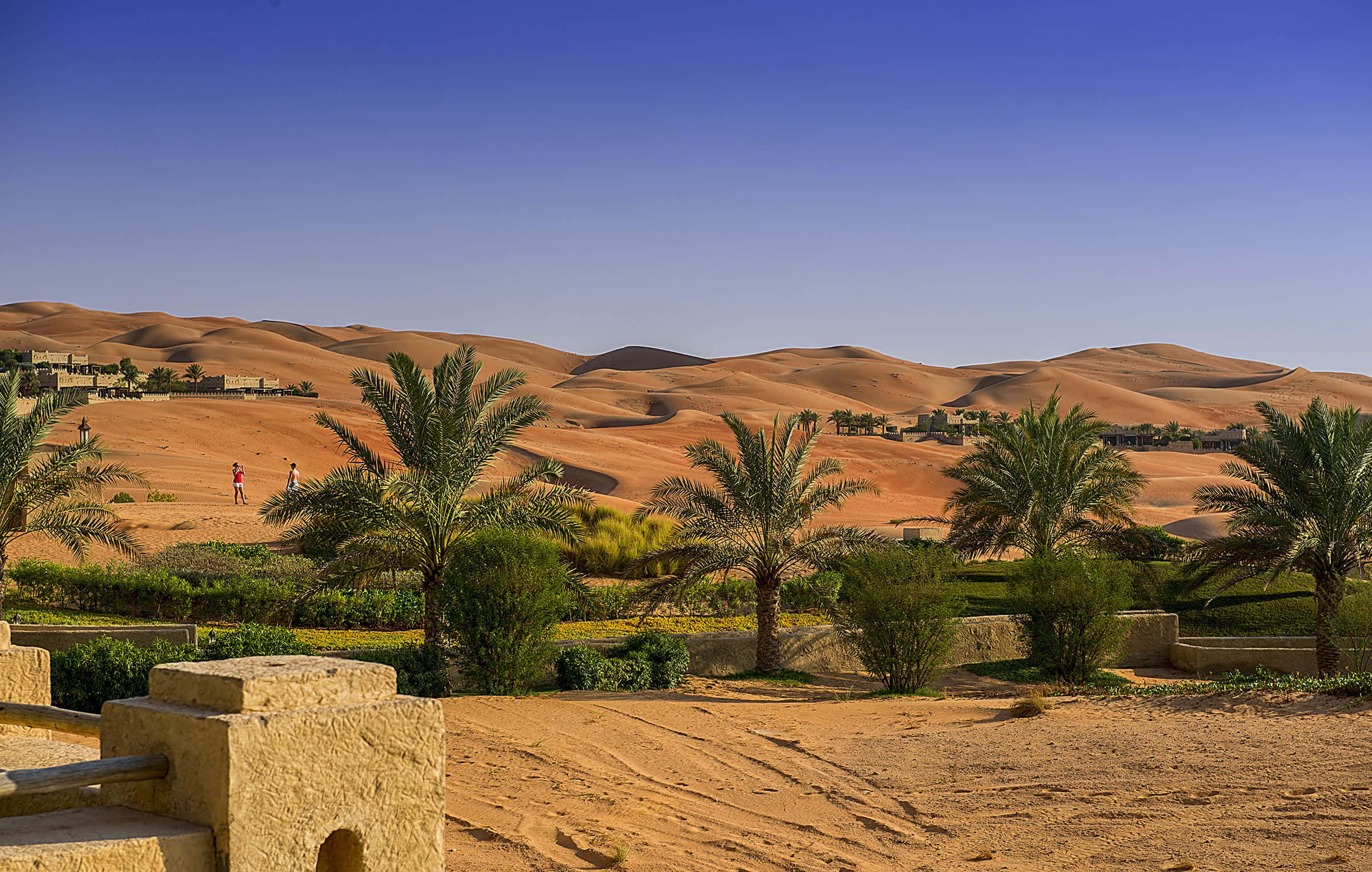 Uae 桌布 壁紙 — 金色沙漠沙丘在晴朗藍天下延伸，棕櫚樹和前景綠洲中有兩個人在行走。