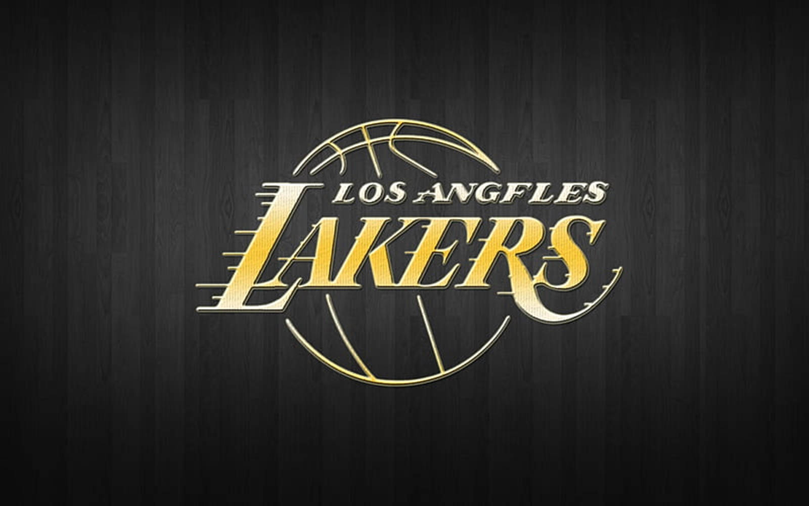 NBA 桌布 壁紙 — 金色洛杉磯湖人隊標誌在深色木地板紋理上閃耀，帶有籃球框設計。