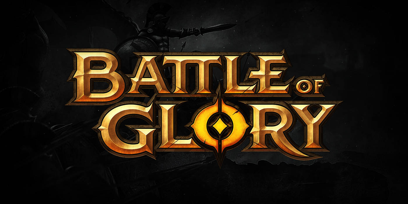 遊戲 桌布 壁紙 — 金色浮雕的「Battle of Glory」標誌在黑暗背景下發光，並有一個持劍的陰影戰士剪影。