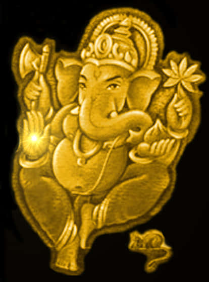 Ganesh 桌布 壁紙 — 金色浮雕雕塑，描繪印度教神祇象頭神手持斧頭、花朵和發光球體，背景為黑色。
