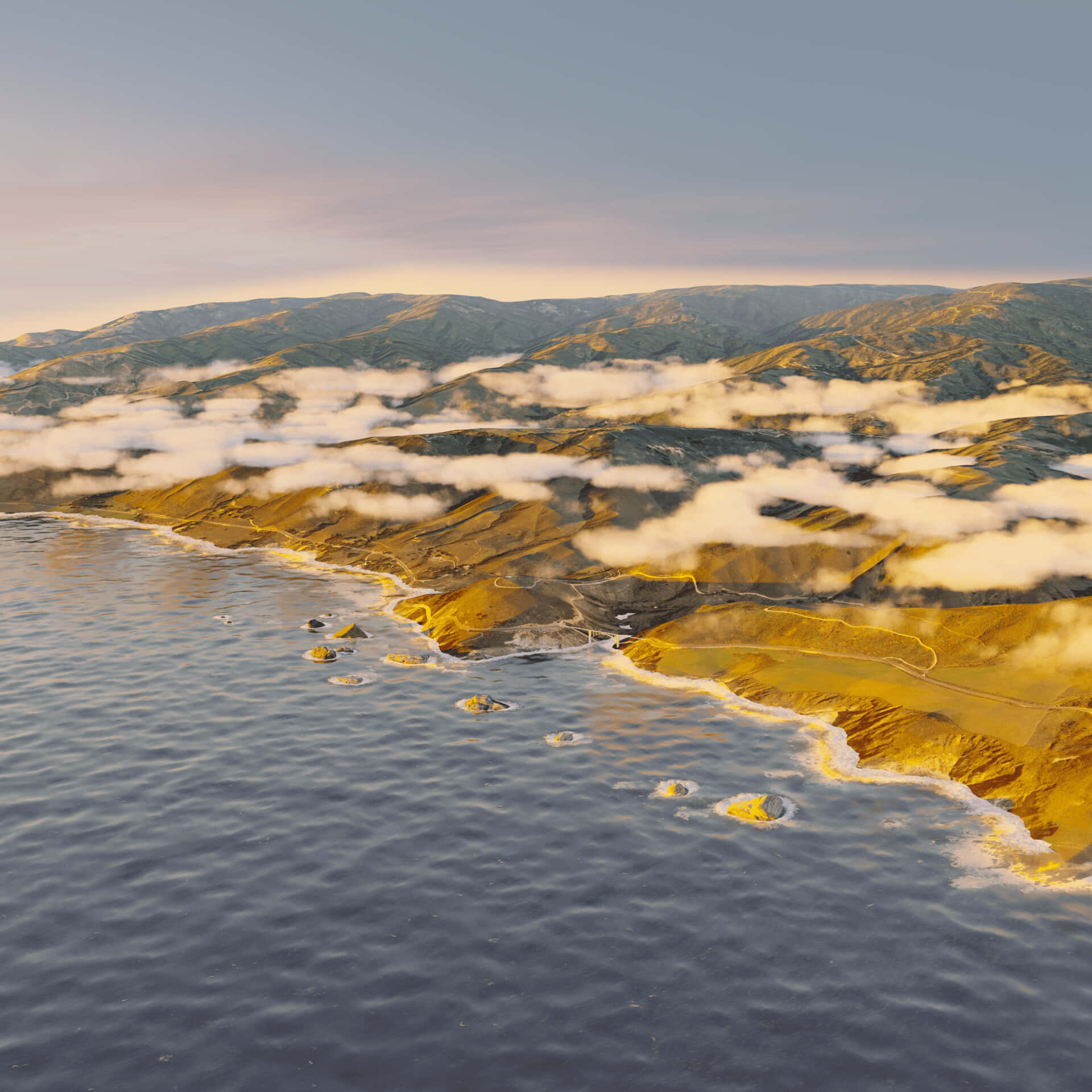 macOS Big Sur 動態桌布 桌布 壁紙 — 金色海岸懸崖和海洋的鳥瞰圖，日出時雲朵在起伏的山丘之間飄移。