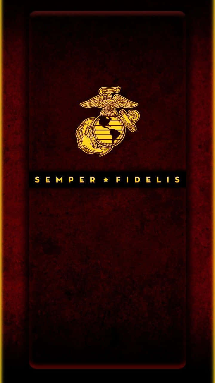 桌布 壁紙 — 金色海軍陸戰隊徽章及座右銘 Semper Fidelis 在帶有紋理的深紅色背景上發光，並帶有發光的橙色邊框。