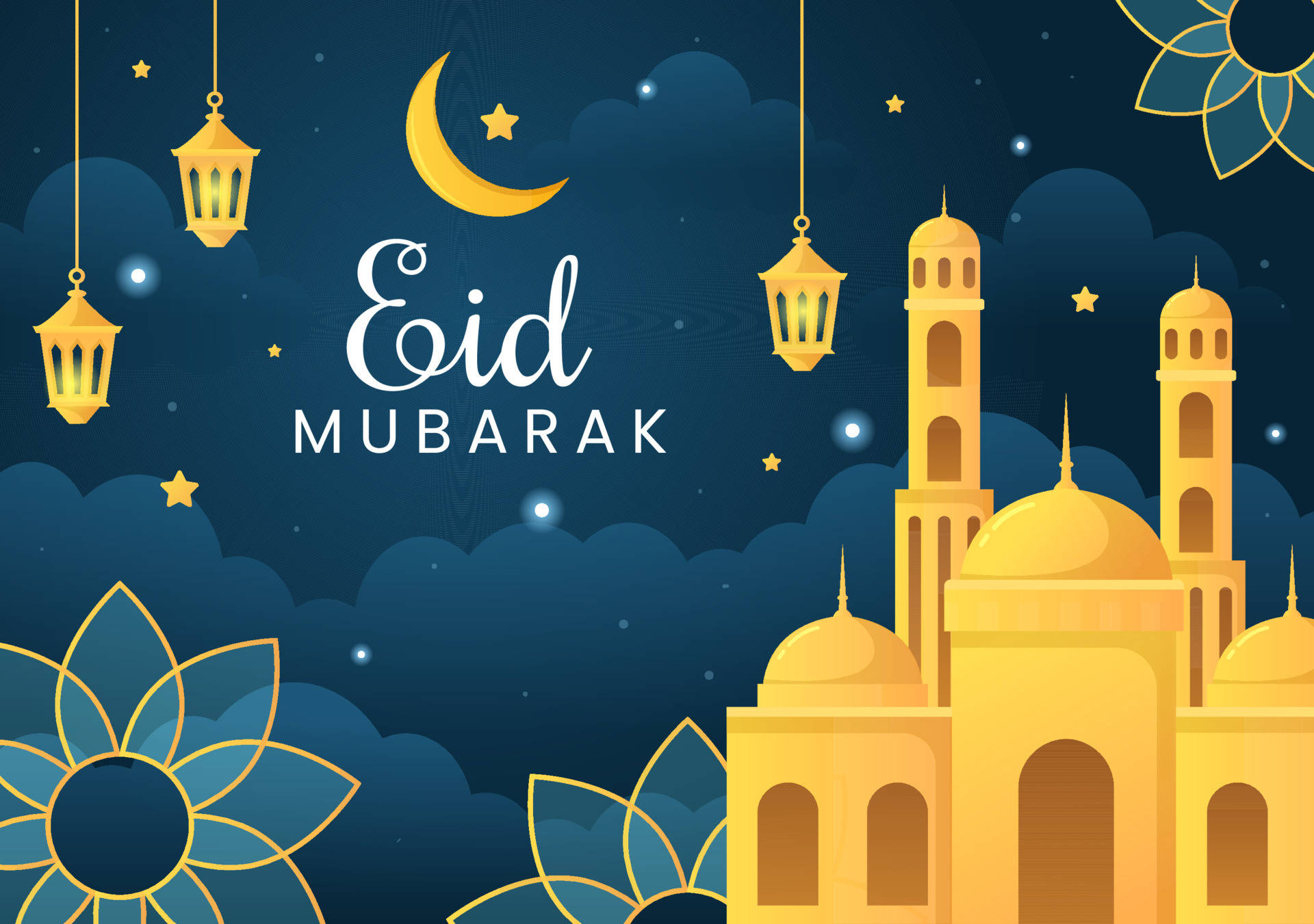 Eid Mubarak 桌布 壁紙 — 金色清真寺，掛著燈籠，在深藍夜空中的新月和星星下。