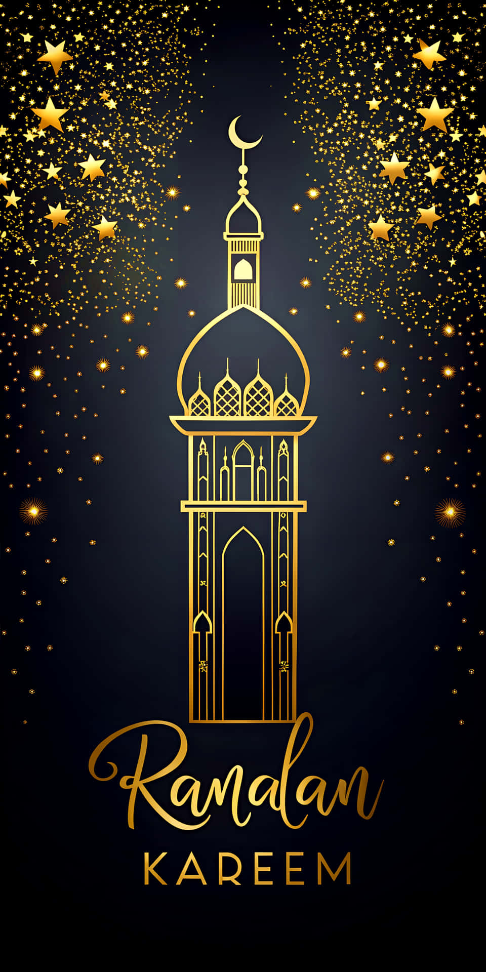 Elegant Black Canvas with Minimalist Mosque Silhouette, Ramadan Kareem Text, and Golden Confetti 壁紙 — 金色清真寺剪影，配以新月和星星，在深藍色背景上慶祝齋月卡里姆。
