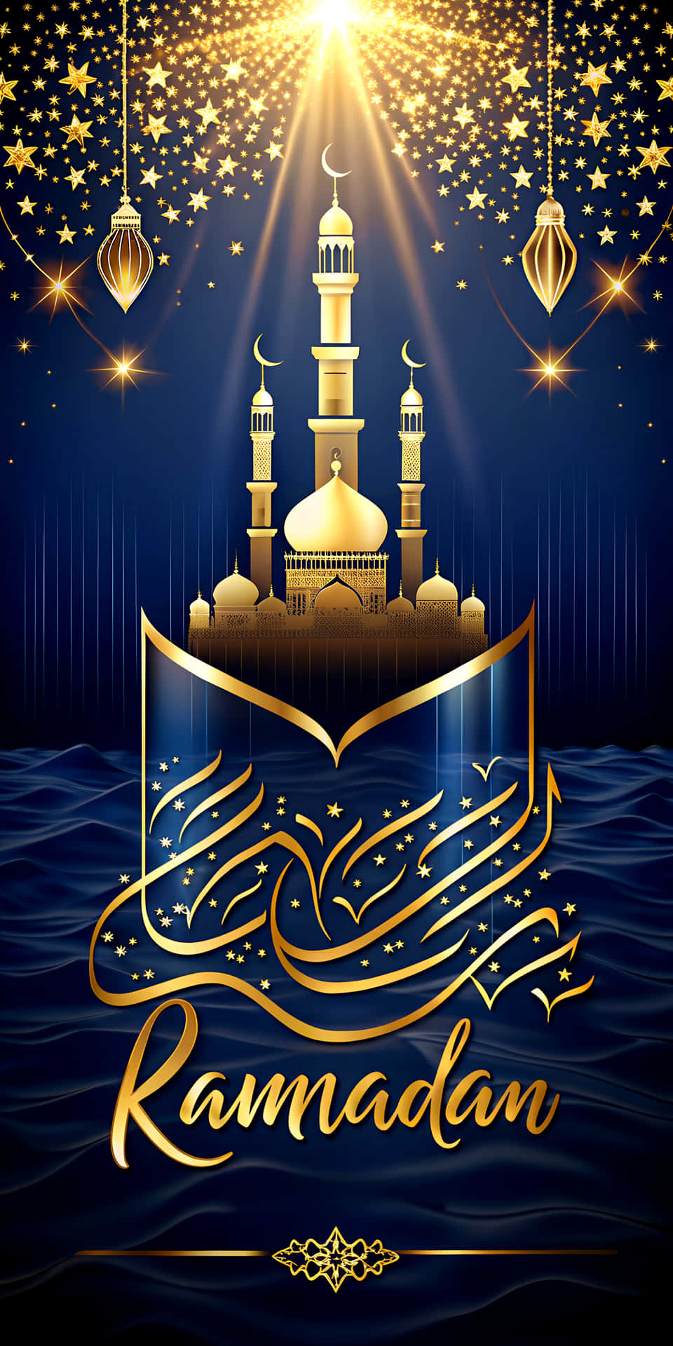 Dark Canvas with Minimalist Black Line Outliner Mosque in Golden and Blue Tones with Ramadan kareem 壁紙 — 金色清真寺從打開的古蘭經中升起，在繁星點點的夜空下，懸掛的燈籠和光芒四射。