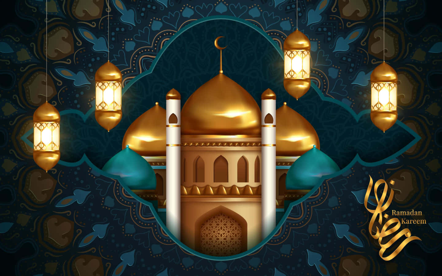 Ramadan 桌布 壁紙 — 金色清真寺配以發光燈籠，由複雜的藍色圖案框住，慶祝齋戒月卡里姆。