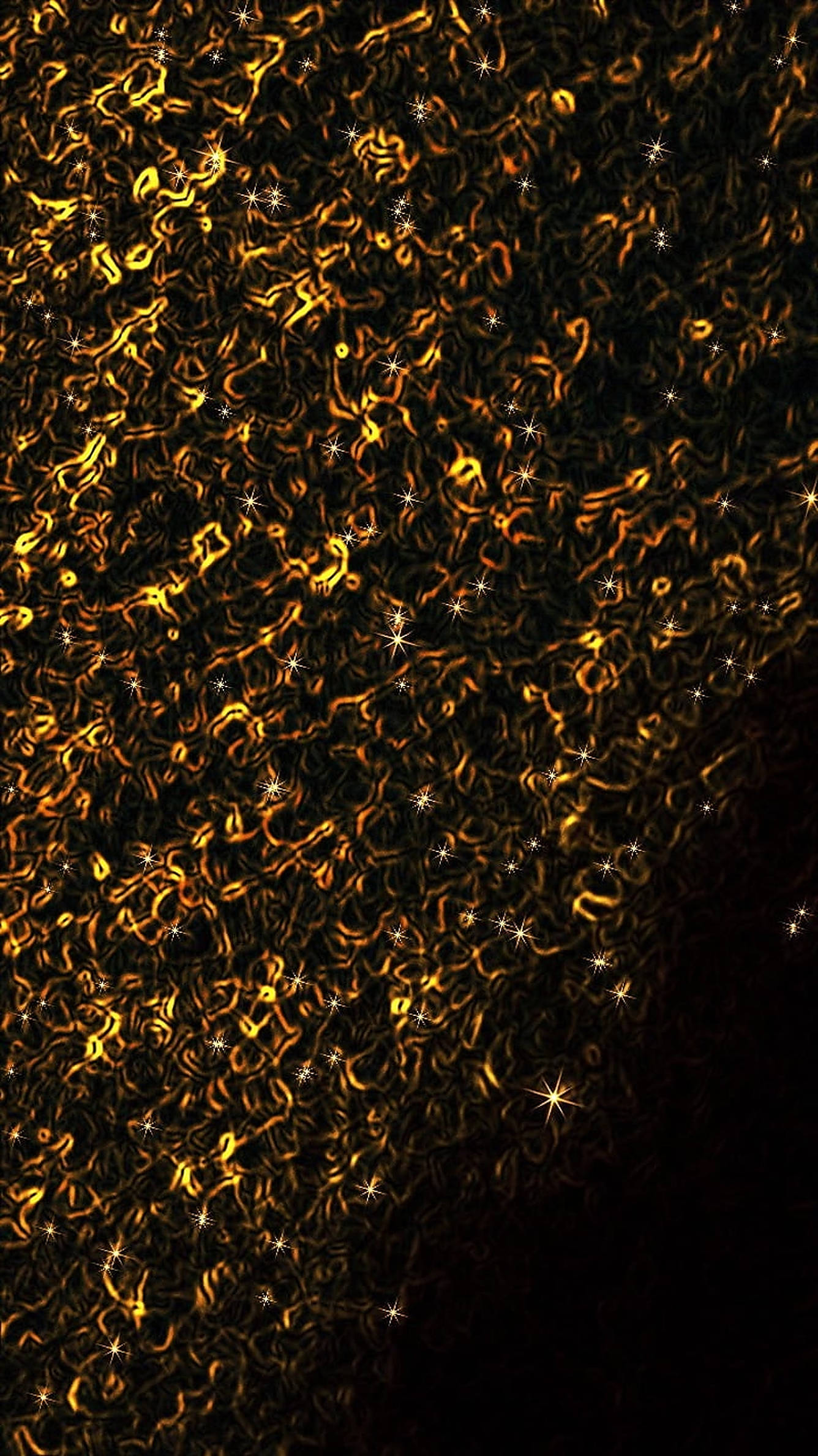 Dust 桌布 壁紙 — 金色漩渦圖案搭配閃爍星星，在深黑色背景上閃耀發光。