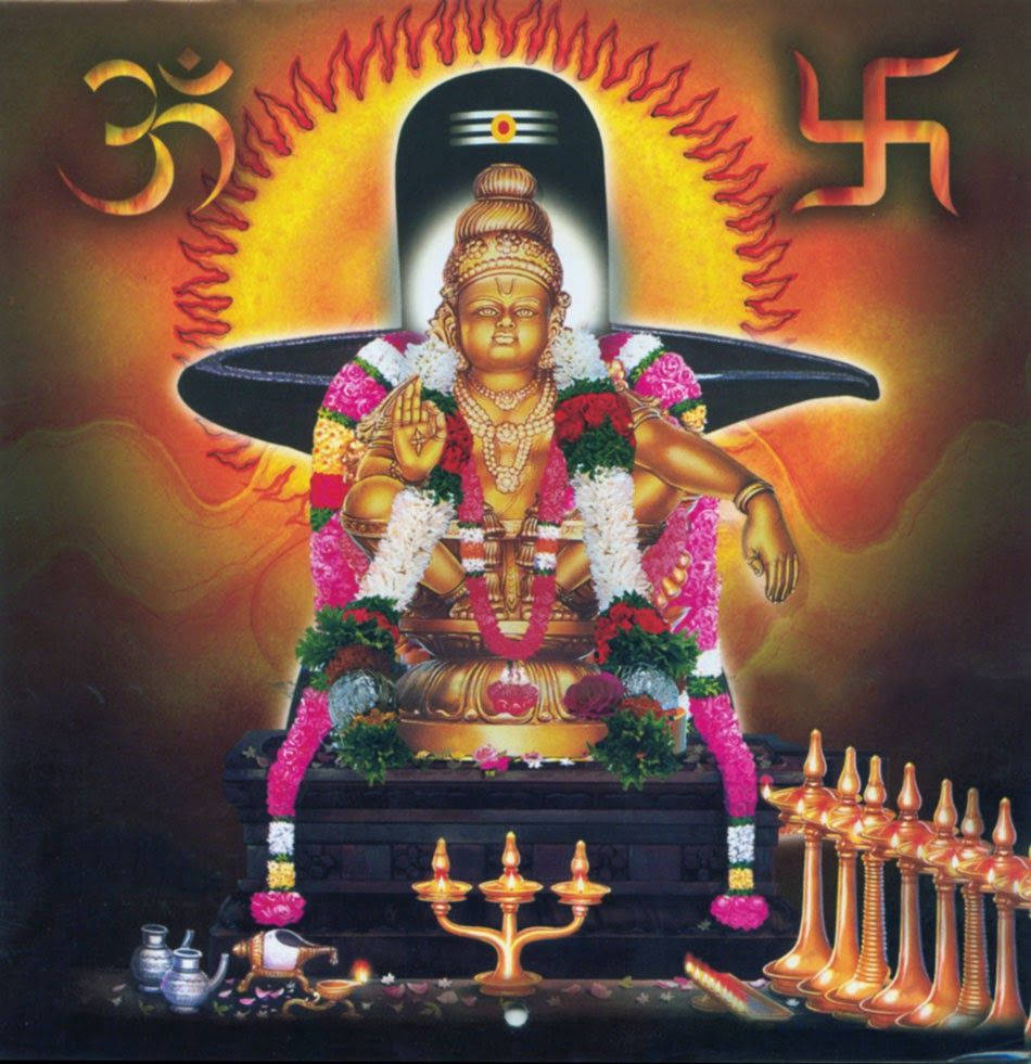 Ayyappa 桌布 壁紙 — 金色濕婆神像飾以鮮豔花環，在溫暖色調中散發神聖光芒的符號下，安詳地坐在光芒四射的光環下。