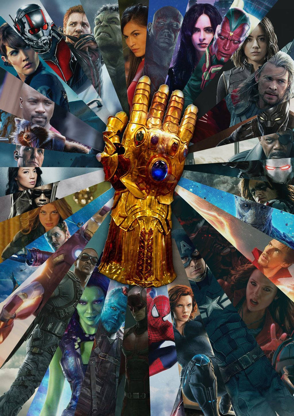 infinity 桌布 壁紙 — 金色無限手套在中心散發力量，周圍環繞著破碎的漫威超級英雄和反派肖像。