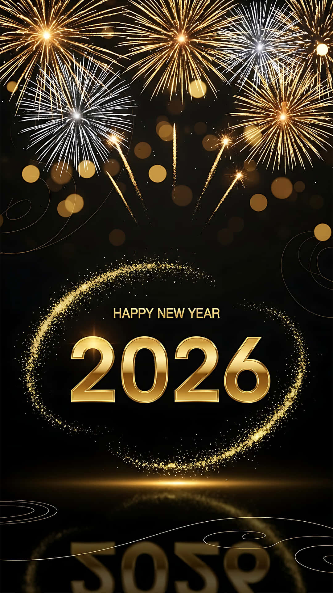Golden Fireworks Display Celebrating Happy New Year 2026 壁紙 — 金色煙火在閃爍的黑色背景上爆炸，框住以閃亮金色文字呈現的「HAPPY NEW YEAR 2026」。
