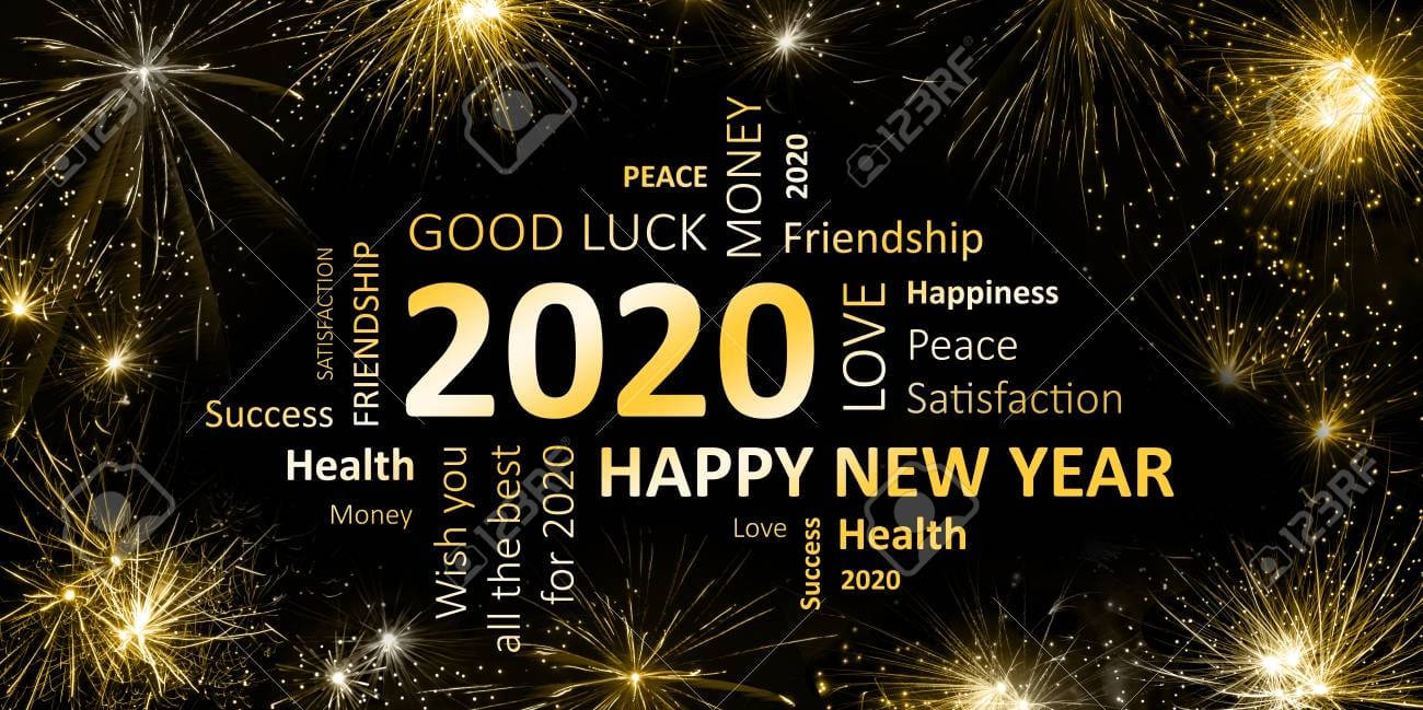 New 桌布 壁紙 — 金色煙火在黑色背景上圍繞中央的「2020」文字爆發，周圍環繞著「HAPPY NEW YEAR」和「GOOD LUCK」等新年祝福。