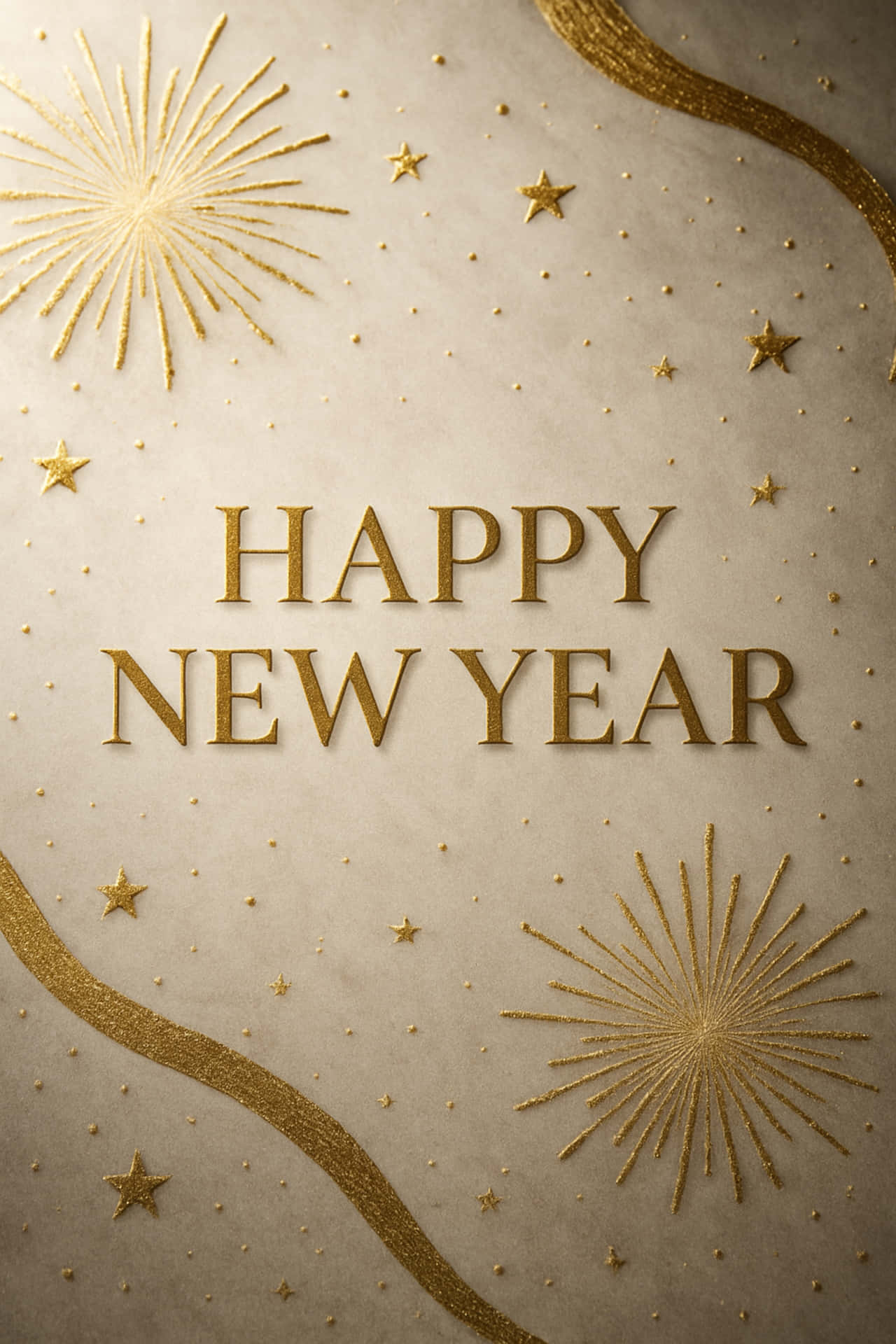 Elegant New Year design featuring "Happy New Year 壁紙 — 金色煙火星星和旋轉線條點綴在帶有浮雕新年快樂文字的米色紋理背景上。
