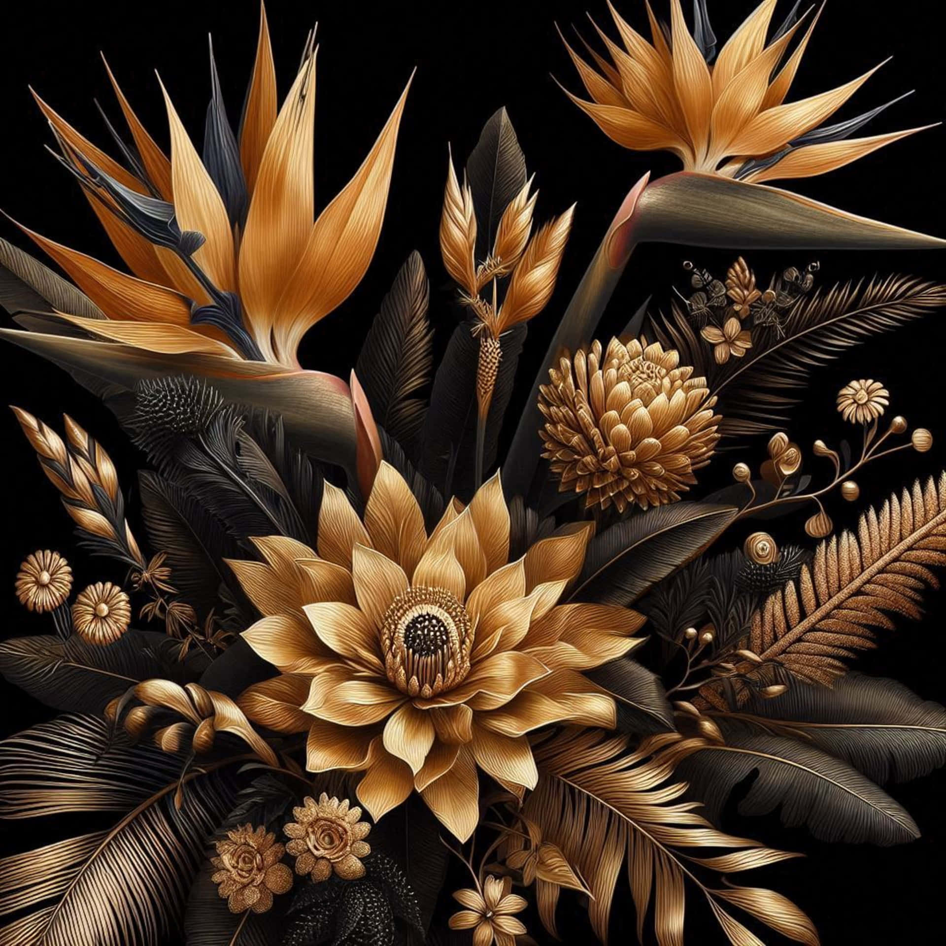 Exotic flowers on dark background 壁紙 — 金色熱帶花朵與羽毛在純黑背景上綻放，呈現奢華植物佈置。