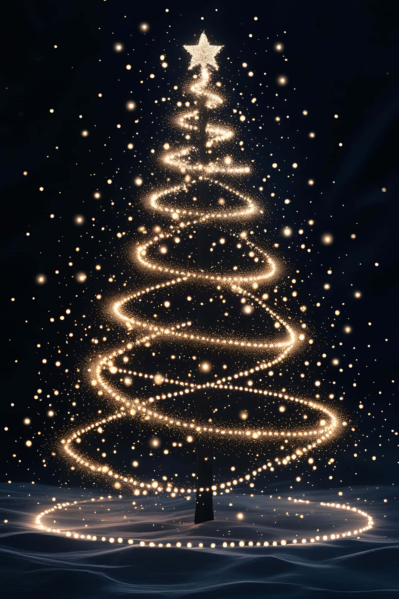 Illuminated christmas tree 壁紙 — 金色燈光的發光螺旋形成一棵聖誕樹，頂部有一顆星星，背景是黑暗的夜空，飄著雪花。
