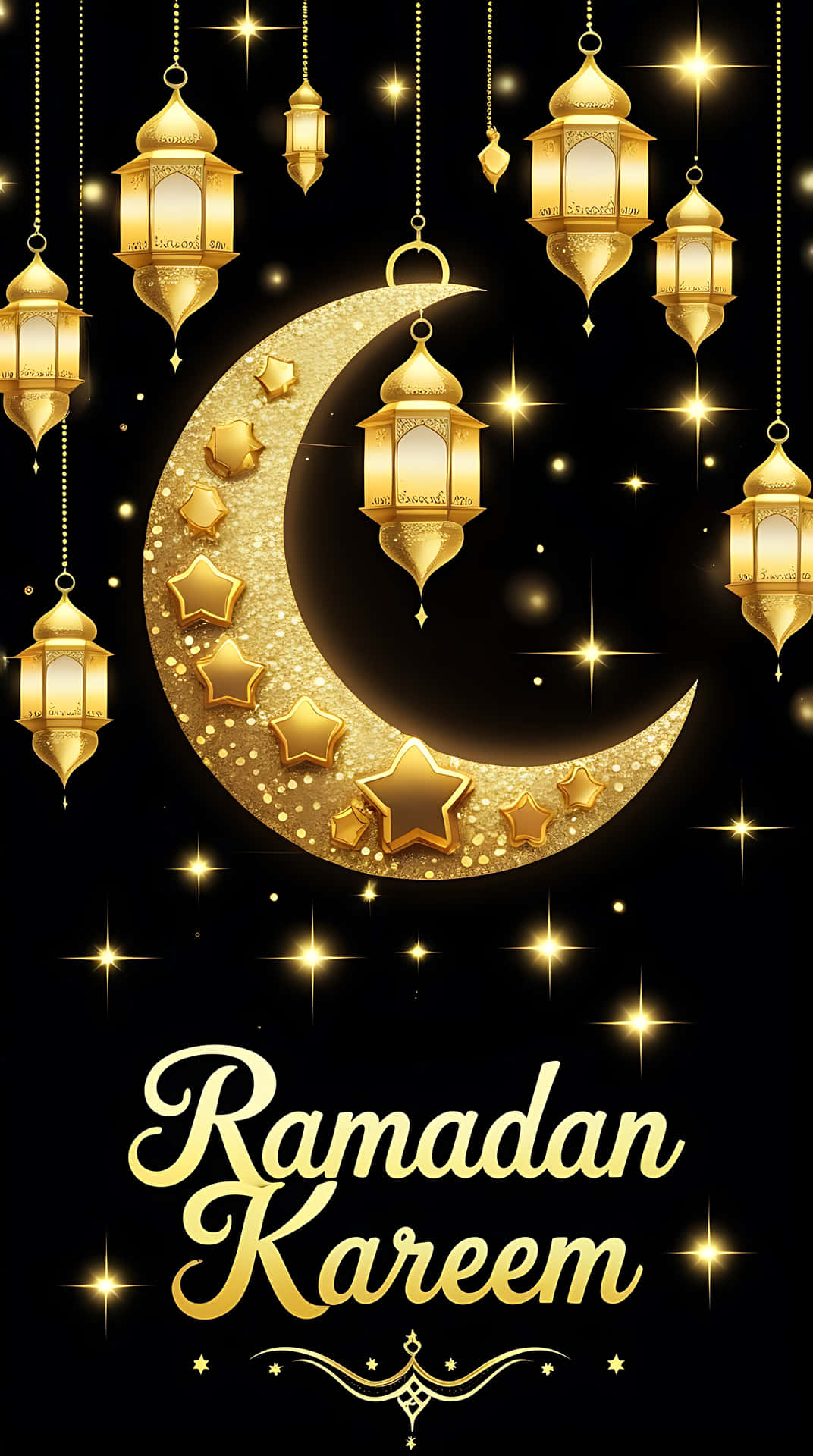Elegant Ramadan Kareem Greeting with Golden Lanterns and Crescent Moon. smartphone wallpaper 壁紙 — 金色燈籠和星星在閃爍的彎月周圍閃耀，黑色夜空下寫有「Ramadan Kareem」。