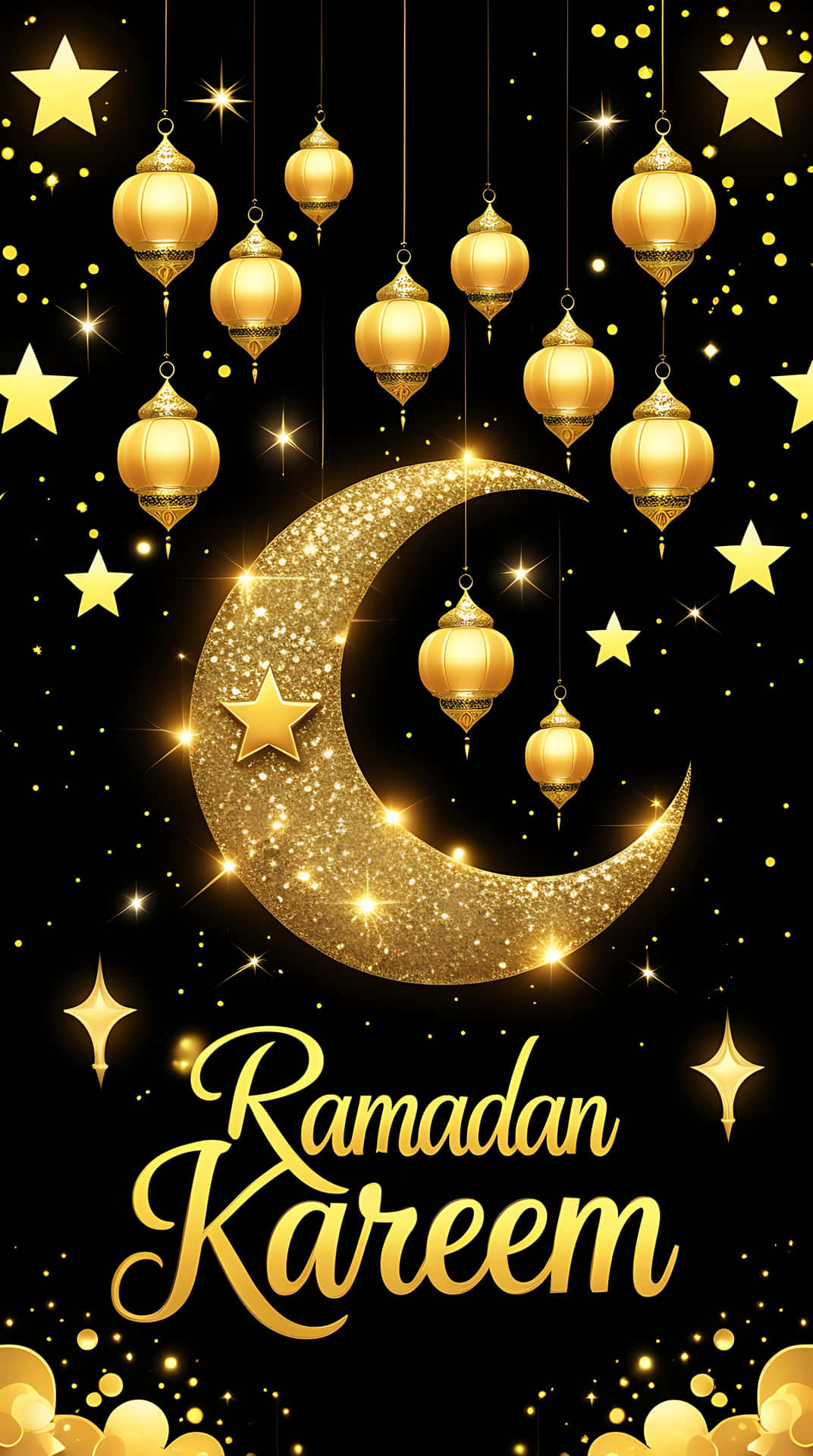 Elegant Ramadan Kareem Greeting with Golden Lanterns and Crescent Moon. smartphone wallpaper 壁紙 — 金色燈籠和星星在黑色背景上閃爍，圍繞著閃閃發光的彎月，下方寫有「Ramadan Kareem」字樣。