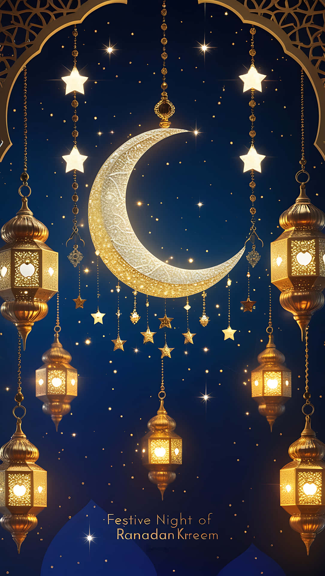Festive Night of Ramadan Kareem with Shimmering Crescent Moon. smartphone wallpaper 壁紙 — 金色燈籠和星星掛在華麗的拱門上，背景是繁星點點的夜空，有一輪發光的彎月。