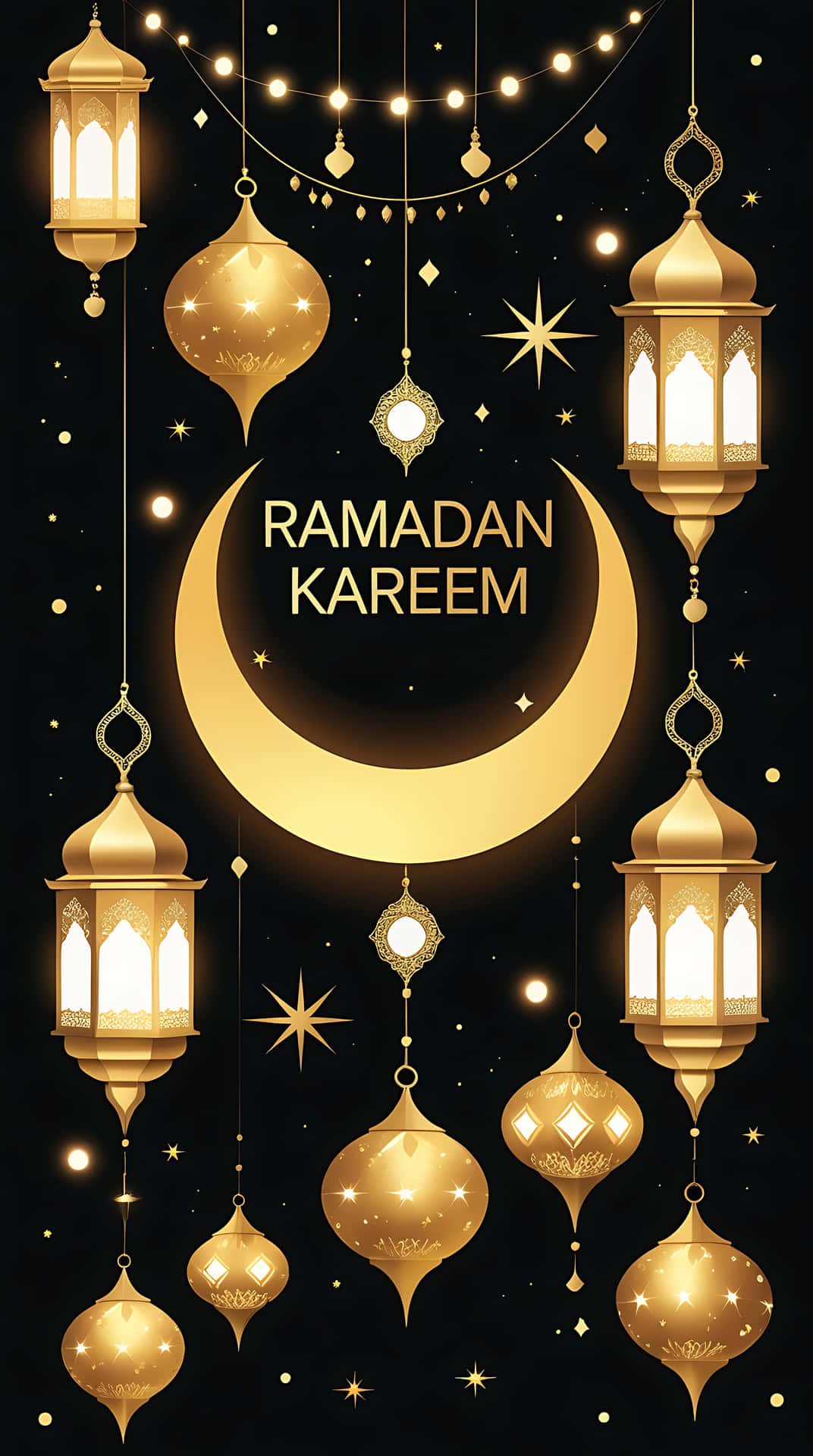 Elegant Ramadan Kareem with Golden Ornaments and Lanterns 壁紙 — 金色燈籠和裝飾品懸掛在繁星點點的黑色天空中，伴隨著發光的彎月和「Ramadan Kareem」文字。