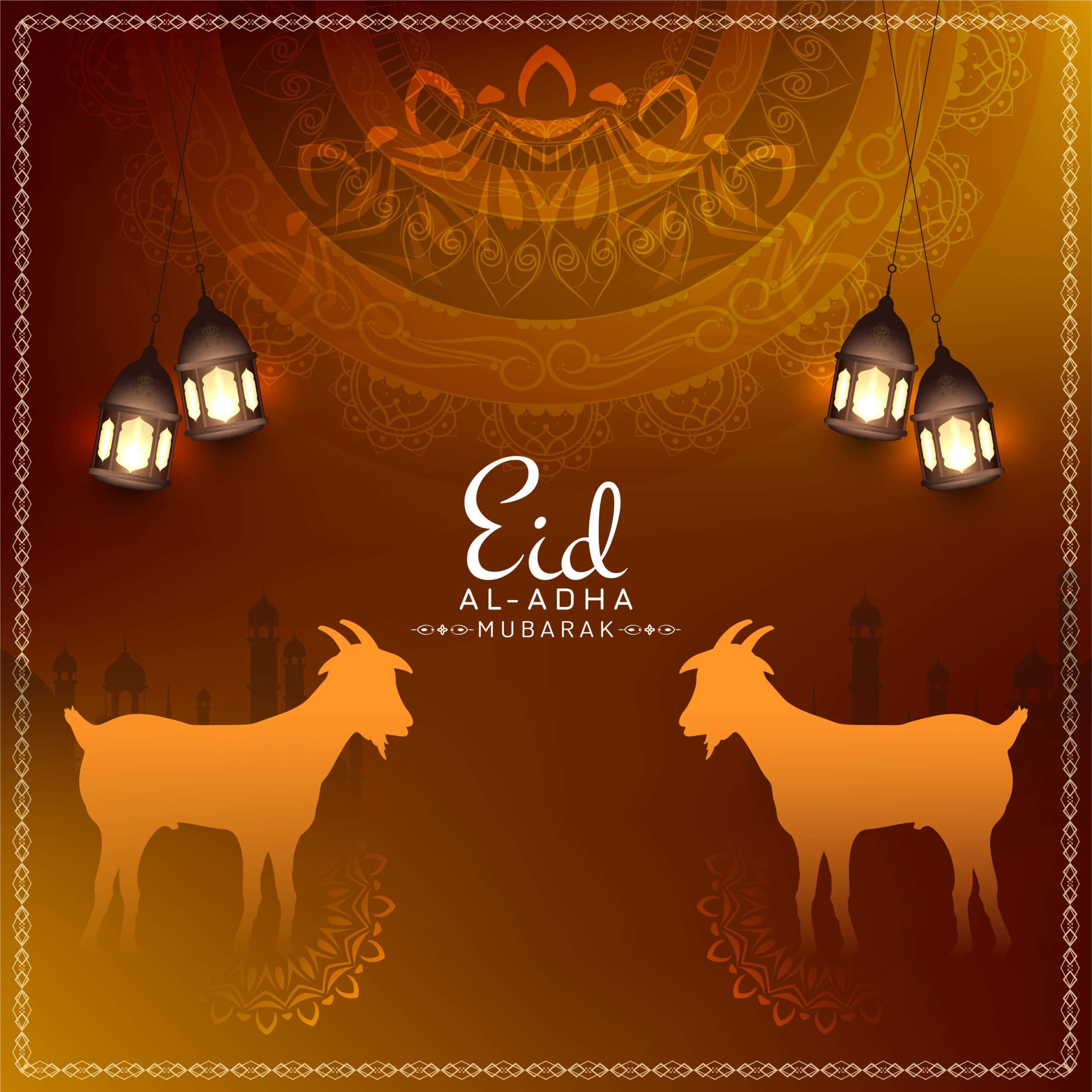 Eid Mubarak 桌布 壁紙 — 金色燈籠在剪影山羊上方發光，襯以華麗曼陀羅背景，慶祝宰牲節。