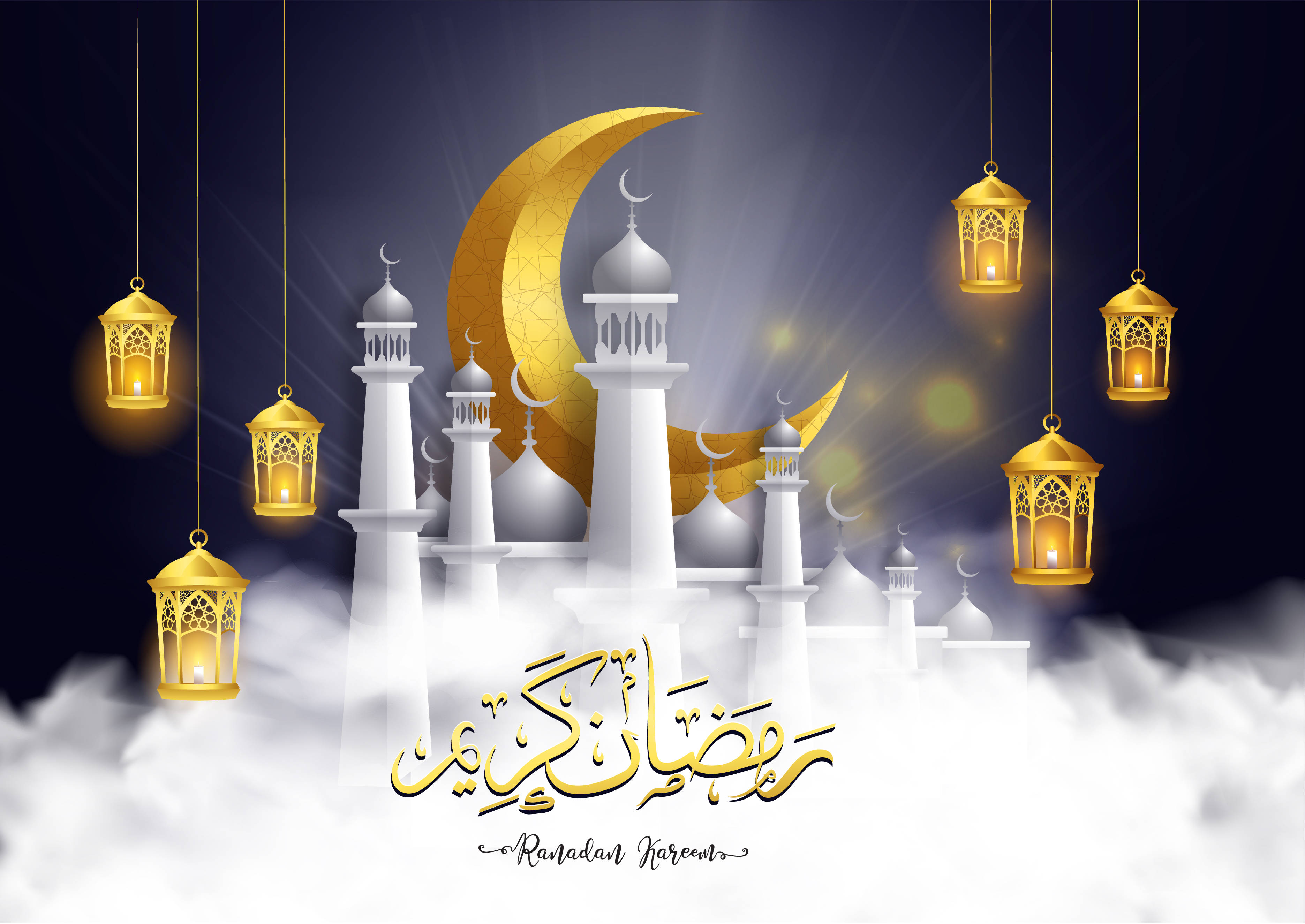 Eid Mubarak 桌布 壁紙 — 金色燈籠懸掛在白色清真寺剪影上方，在黑暗天空中閃耀的新月之下。