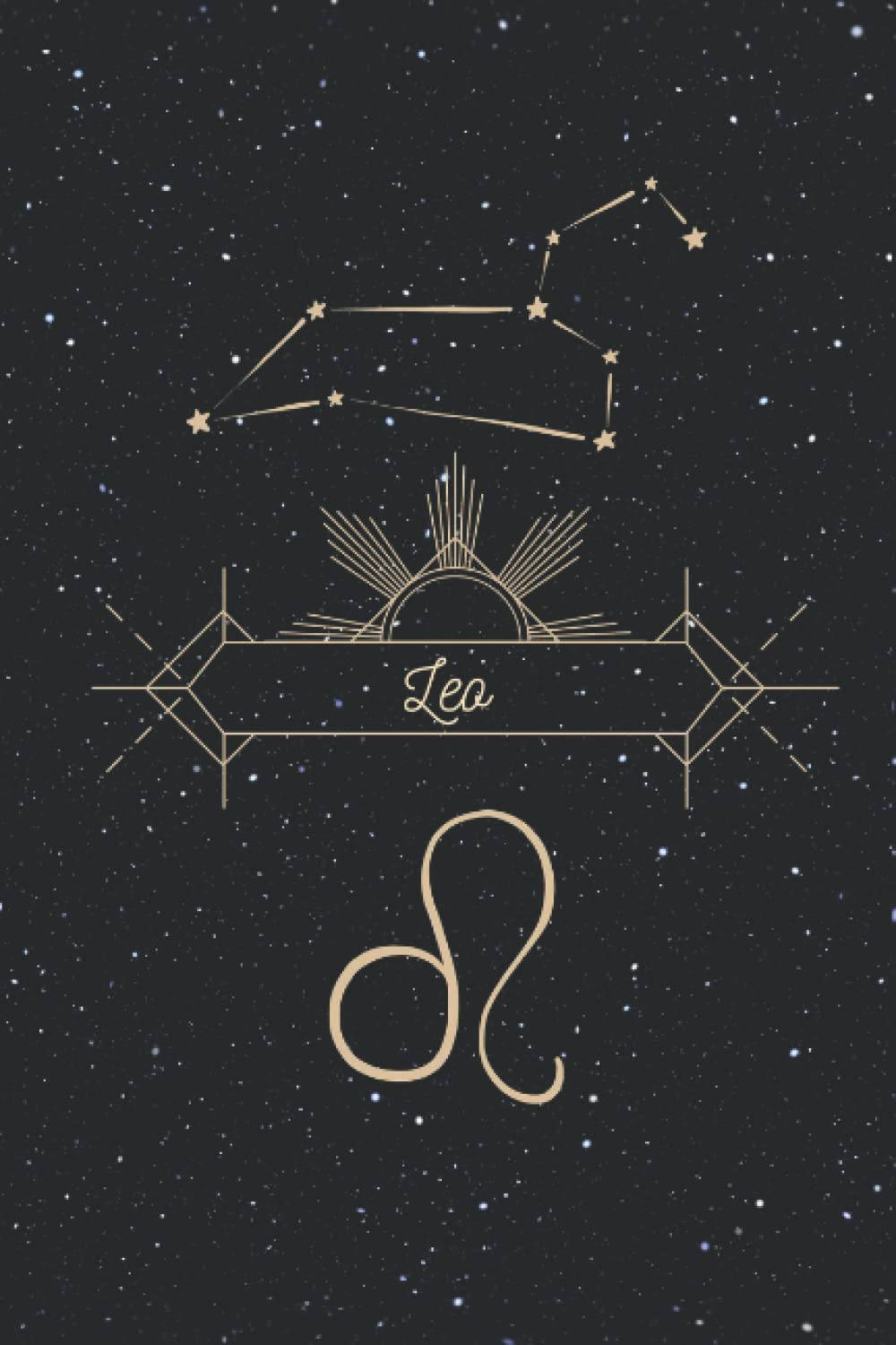 Leo 桌布 壁紙 — 金色獅子座星座及黃道符號在繁星夜空中發光，搭配華麗的太陽光線設計。