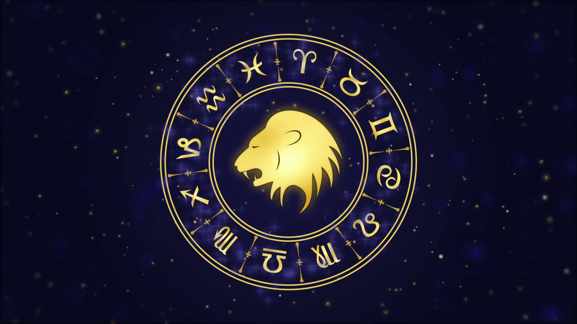 Taurus Aesthetic 桌布 壁紙 — 金色獅子座生肖符號，被占星學標誌環繞，背景為繁星點點的夜空。