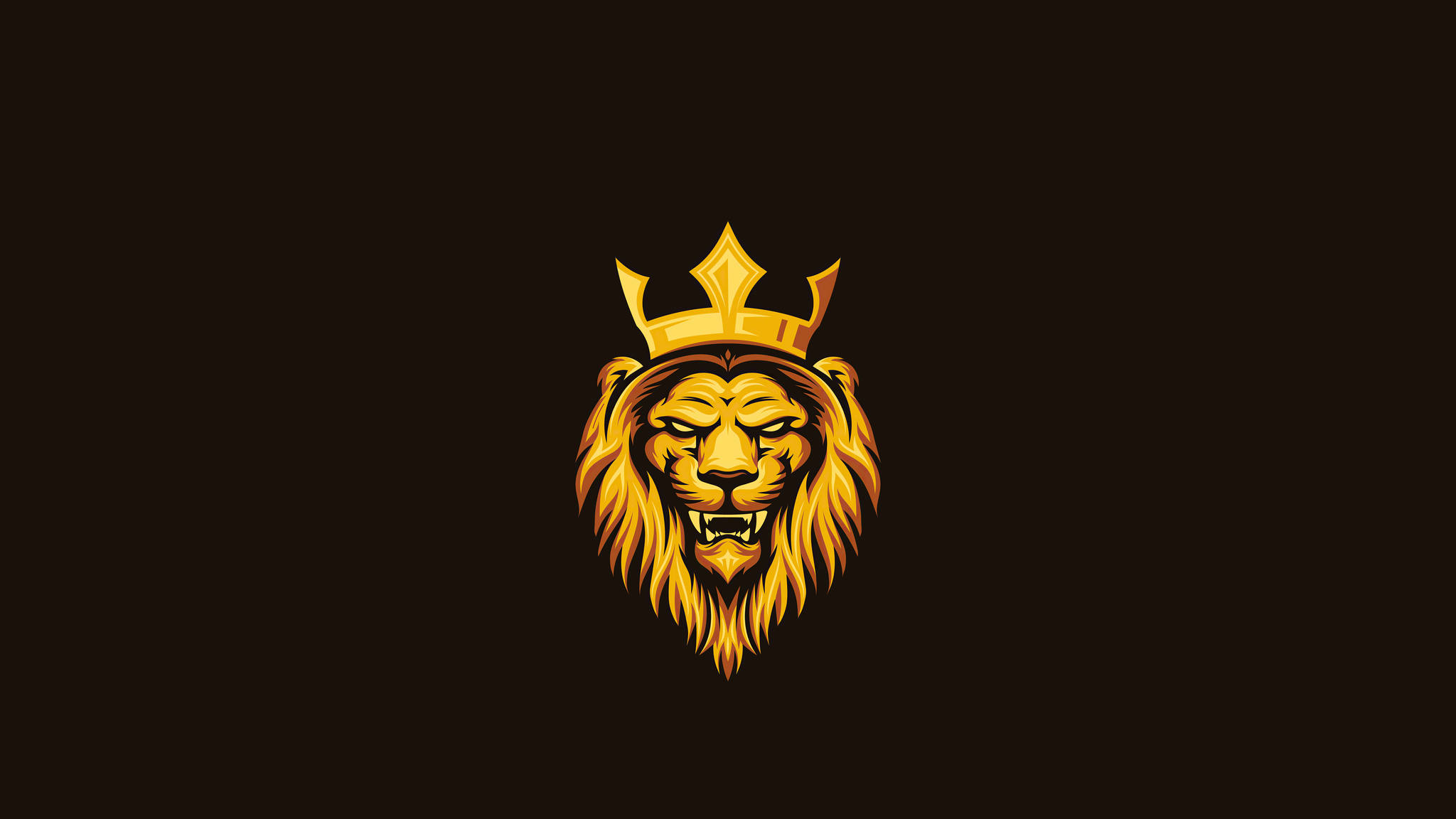 king logo 桌布 壁紙 — 金色獅子頭戴皇冠，在深棕色背景上以大膽的數位藝術發光。
