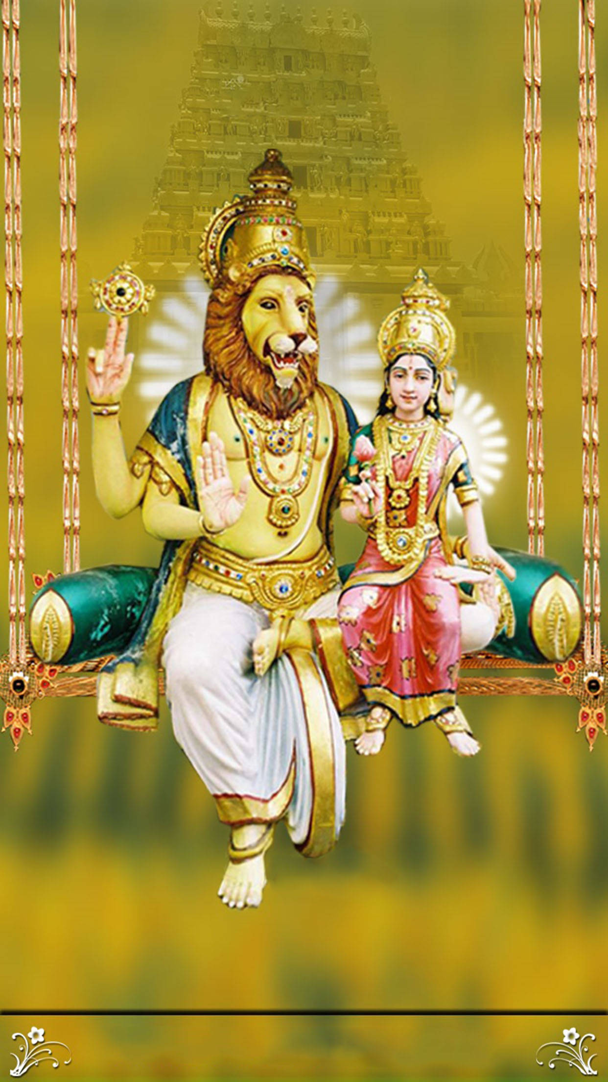 lord hanuman HD 桌布 壁紙 — 金色獅頭神祇與神聖伴侶端莊地坐在寺廟前華麗的鞦韆上，散發神聖恩典。