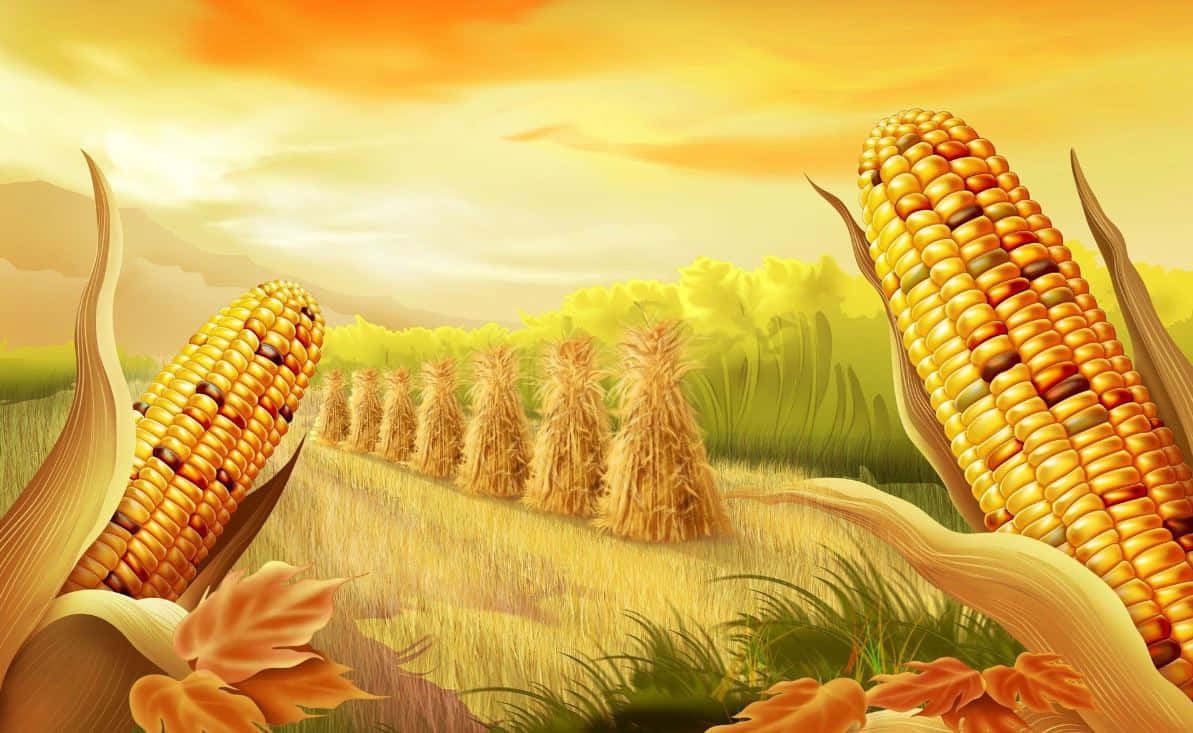 Corn 桌布 壁紙 — 金色玉米稈襯托著陽光普照的秋日田野，田裡有乾草捆，上方是溫暖的橙色天空。