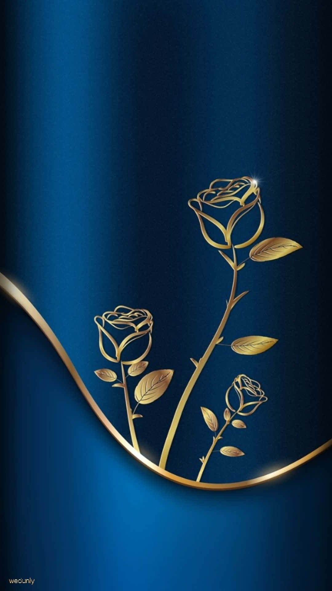 Royal Blue And Gold 桌布 壁紙 — 金色玫瑰連同葉子和莖優雅地彎曲，襯托著深藍色漸變背景，並帶有發光高光。