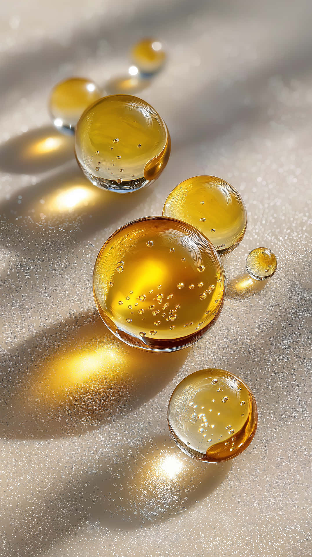 Amber Droplets 壁紙 — 金色琥珀液體滴珠閃爍著內部氣泡，在柔軟的紋理表面上投射出溫暖的反射。