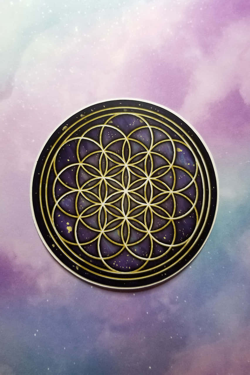 桌布 壁紙 — 金色生命之花符號，帶有宇宙紫色背景和星點。