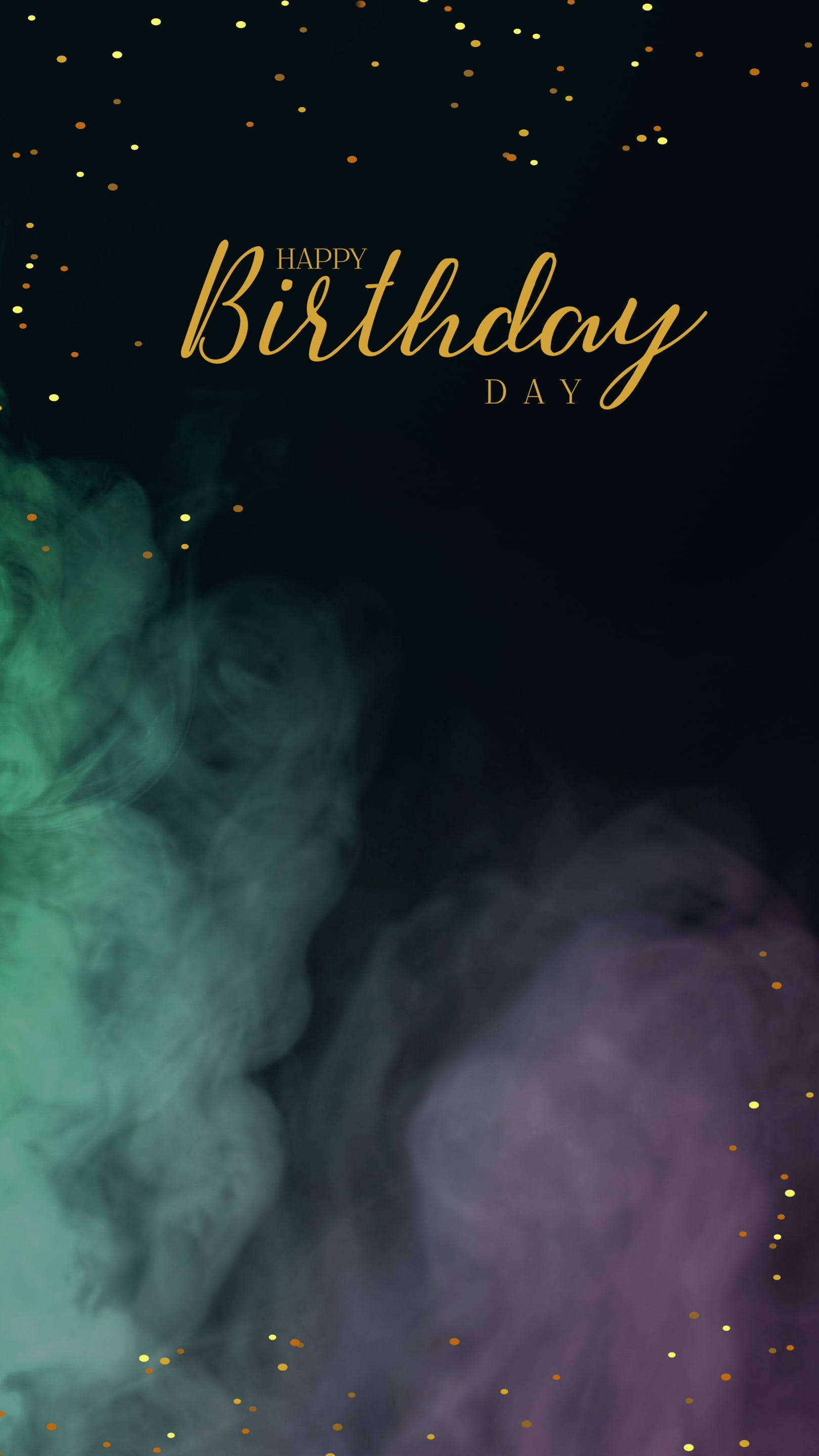 birthday blessings 桌布 壁紙 — 金色生日文字漂浮在旋轉的藍綠色和紫色煙霧上，背景為黑色並點綴著亮粉。