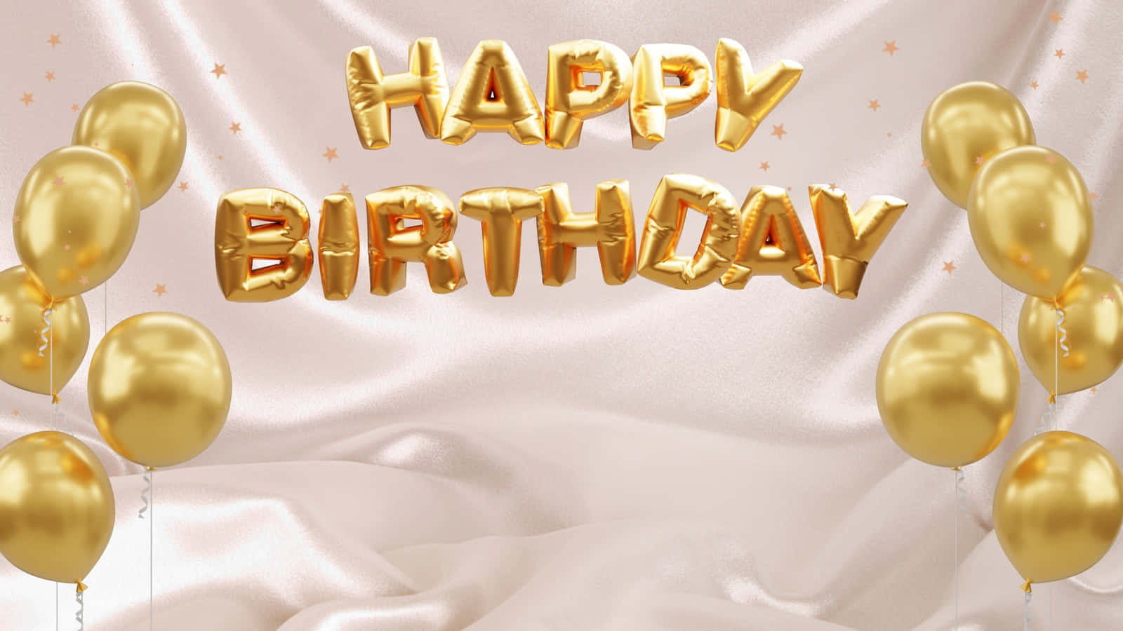 生日快樂 桌布 壁紙 — 金色生日氣球在柔軟的粉紅色緞面背景上拼出happy birthday，並散落著星星。