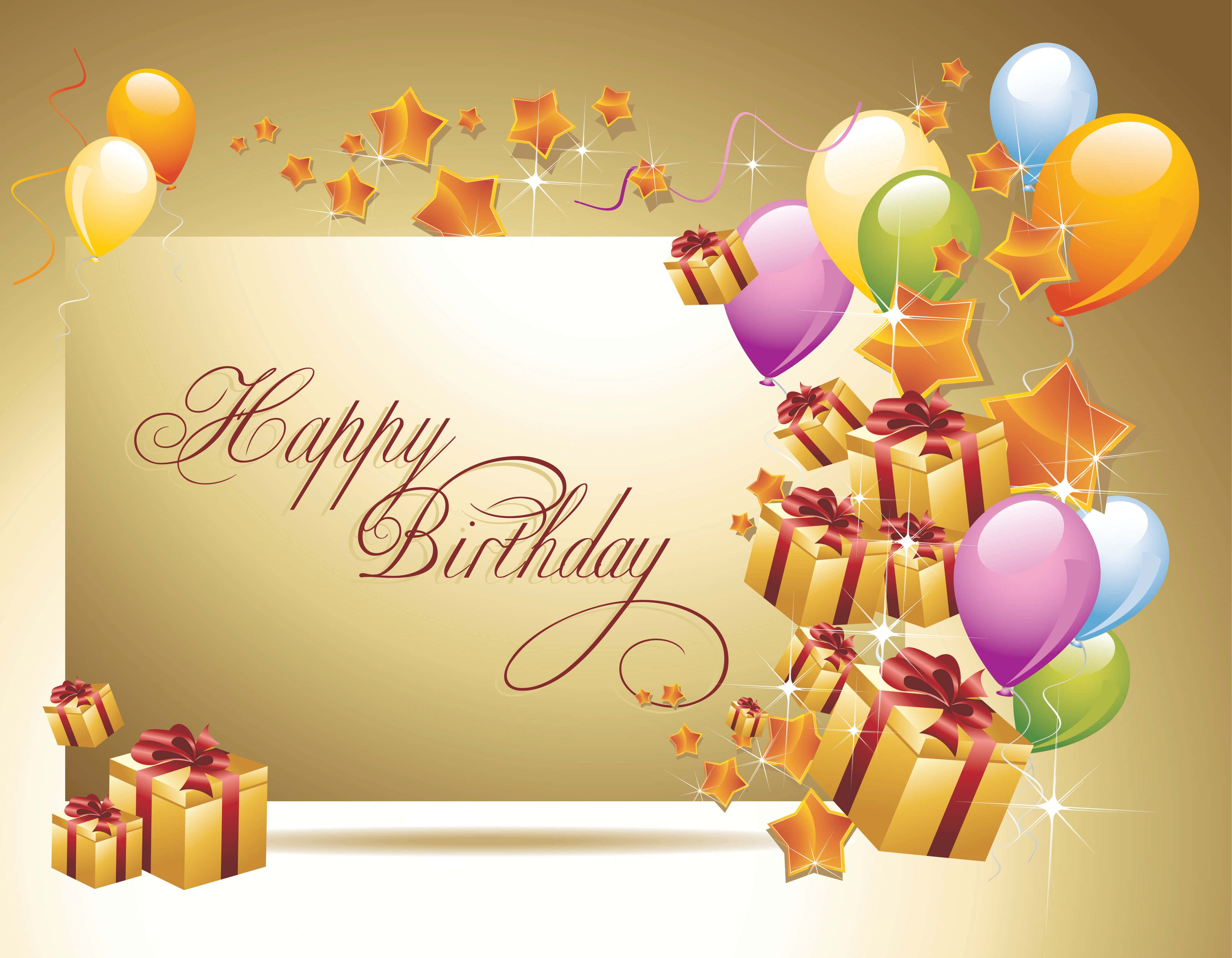 Birthday 桌布 壁紙 — 金色生日祝福，配有彩色氣球、禮物和閃爍星星，背景為溫暖漸變色。