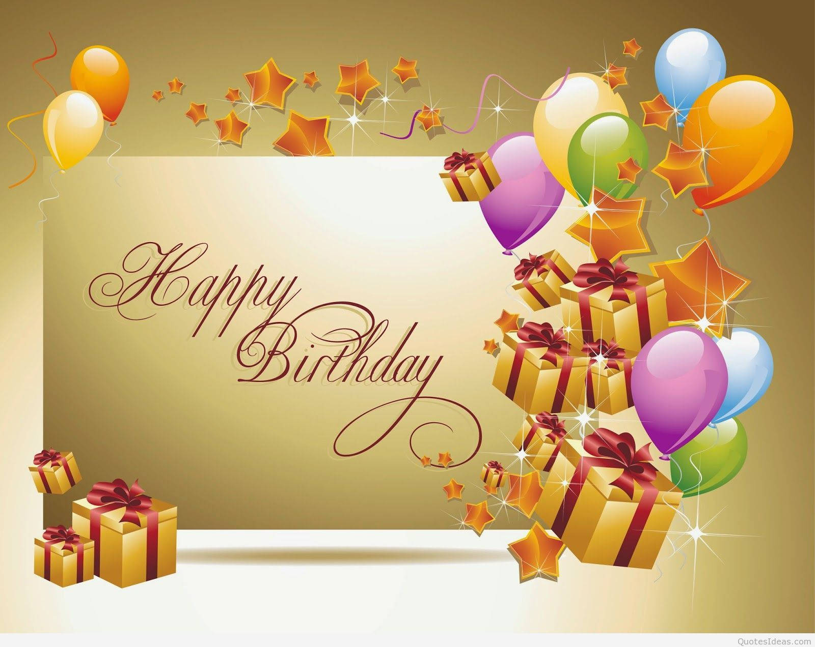 Birthday 桌布 壁紙 — 金色生日祝福，配有彩色氣球、禮物和閃爍星星，背景為溫暖漸變色。