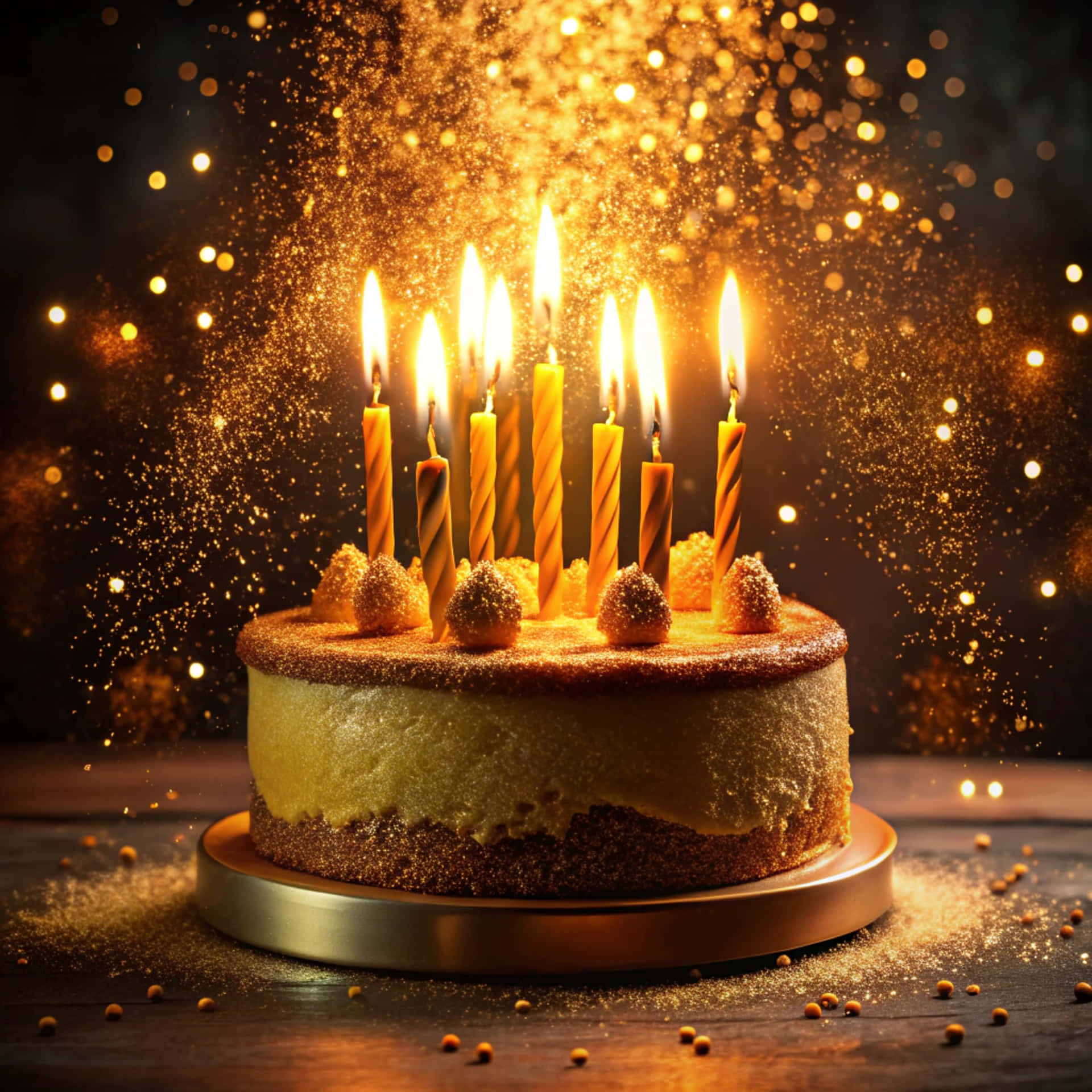 Cake with candles 壁紙 — 金色生日蛋糕，點燃蠟燭，閃爍亮片在深色背景上綻放。