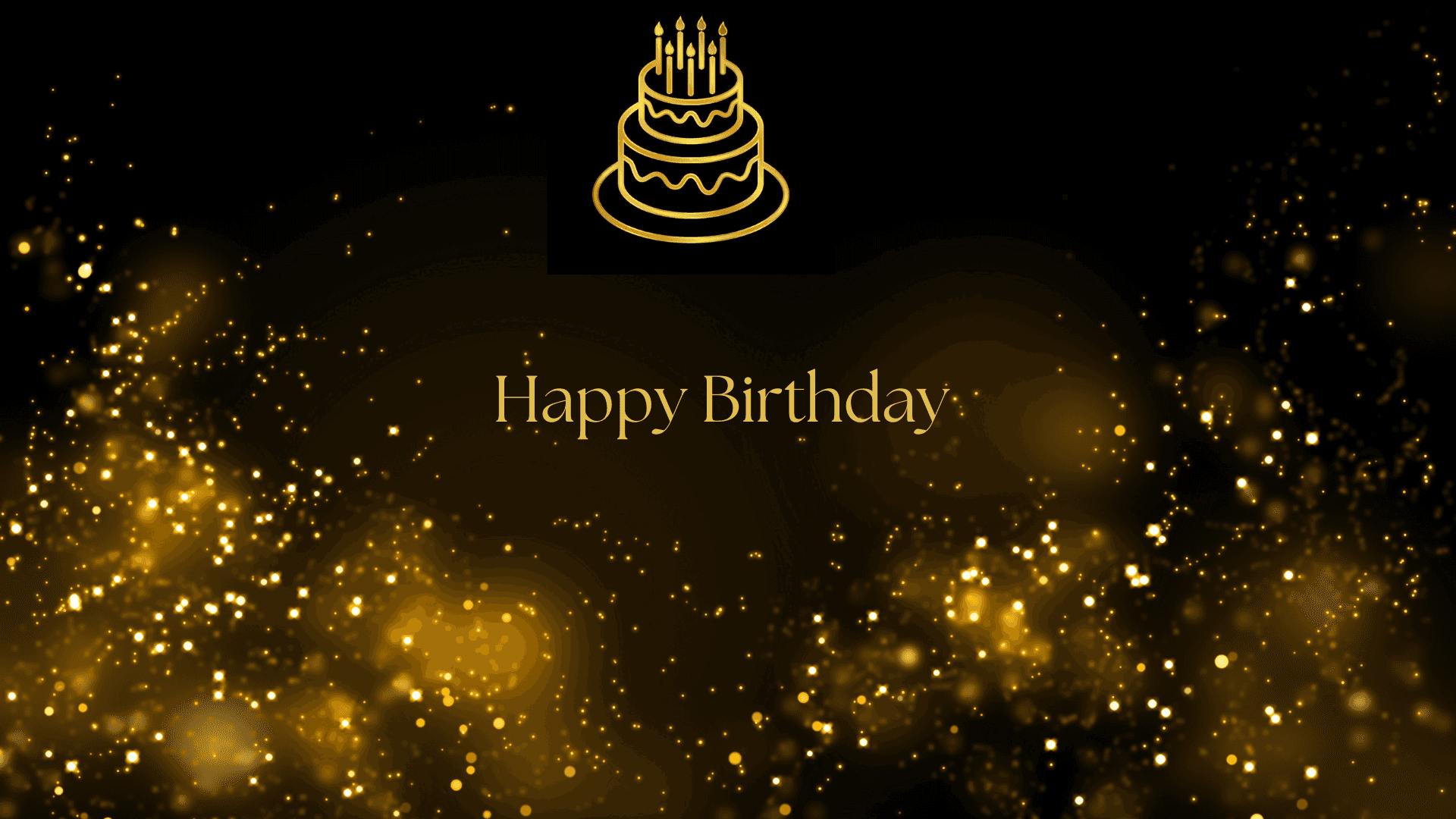 生日快樂 桌布 壁紙 — 金色生日蛋糕圖示和文字漂浮在深色背景上的閃閃發光中。