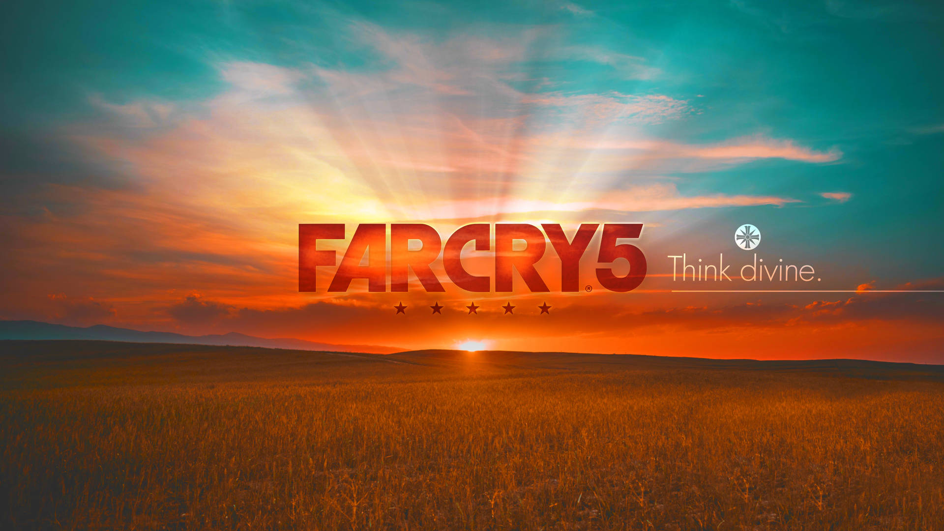 日落下的金色田野，帶有《Far Cry 5》標誌和標語。