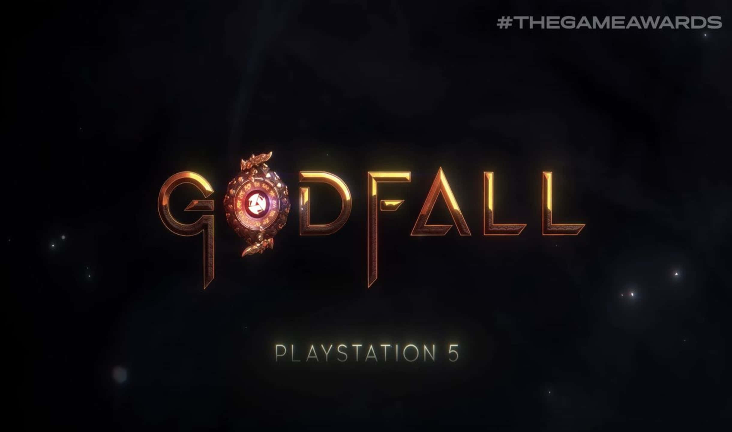 Game Art 桌布 壁紙 — 金色發光的 Godfall 標誌，帶有複雜設計，居中於黑暗的宇宙背景，帶有微妙的星光。