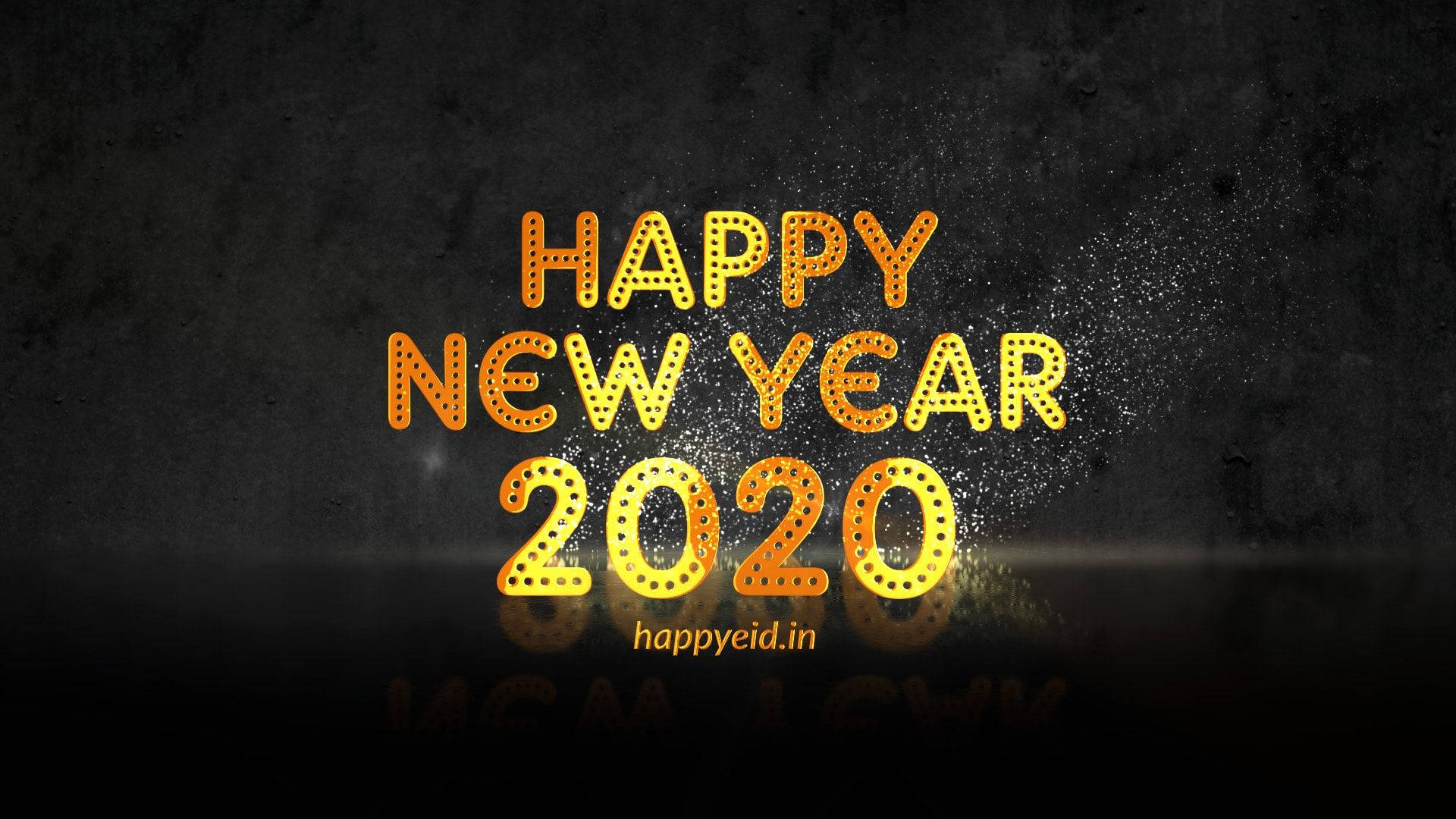 New 桌布 壁紙 — 金色發光的「Happy New Year 2020」文字，帶有閃爍粒子，在深色紋理背景上。