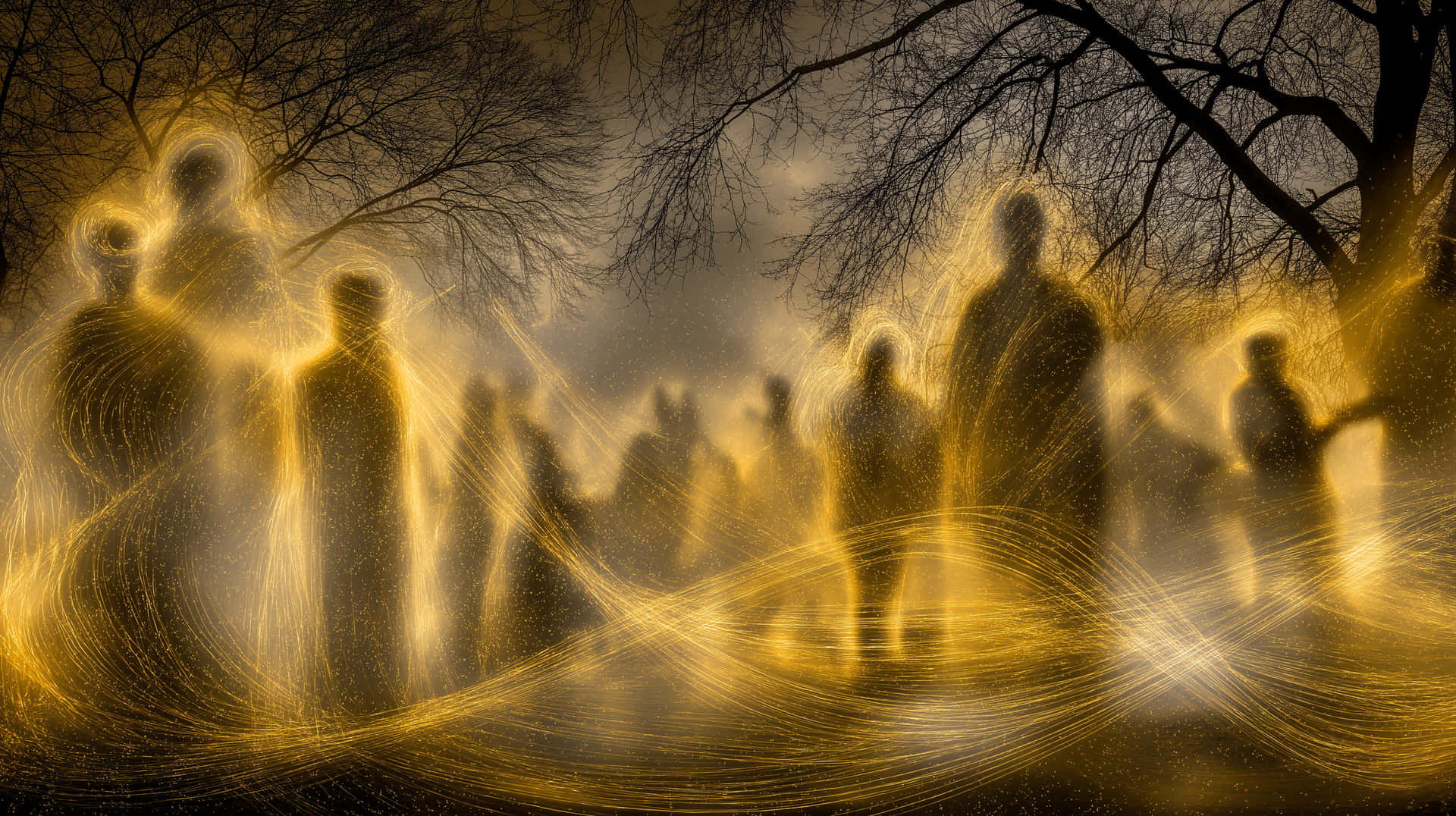 Luminous Interconnected Figures in a Starry Night Landscape 壁紙 — 金色發光的人類剪影在黃昏時分飄過霧氣瀰漫的森林，伴隨著光禿的樹木和旋轉的光跡。