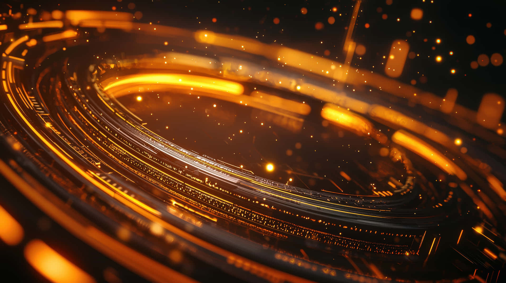Futuristic orange and gold digital vortex with glowing particles and abstract patterns. 壁紙 — 金色發光的同心環，帶有閃爍的粒子，漂浮在黑暗的未來數位空間中。