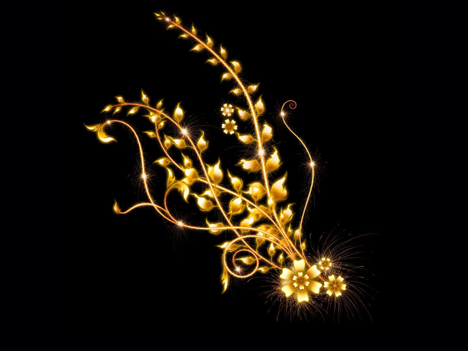 Gold Aesthetic 桌布 壁紙 — 金色發光的花藤伴隨著閃爍的星星，在純黑色背景上以光彩奪目的抽象設計綻放。