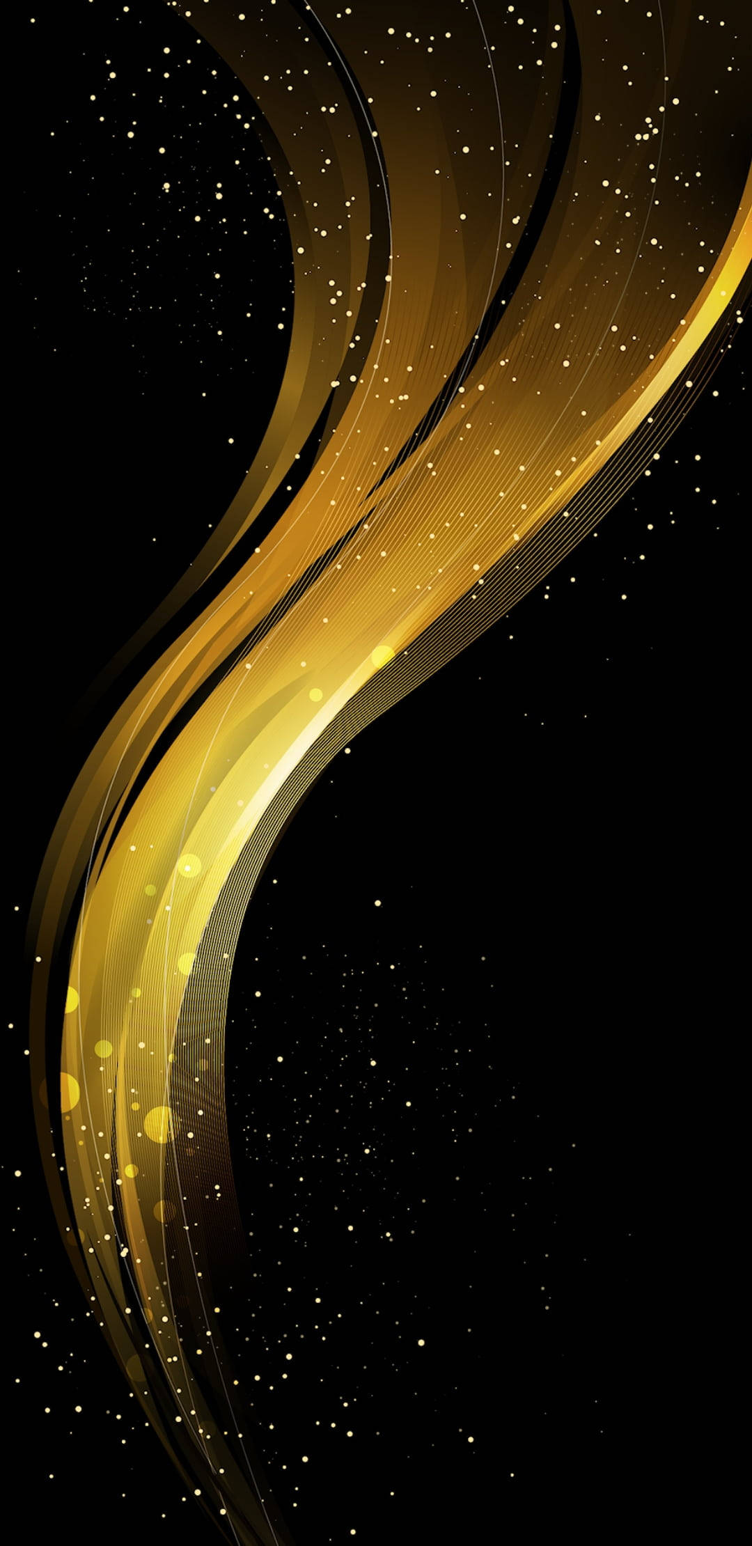 Gold Aesthetic 桌布 壁紙 — 金色發光絲帶在星空黑色背景上動態旋轉，營造出奢華的抽象動感。
