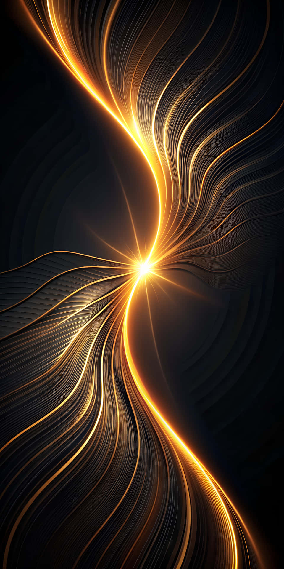 Smooth and Elegant Glowing Curve on Deep Black Background 壁紙 — 金色發光絲帶在深黑色背景上圍繞著光芒四射的中心爆發動態旋轉。