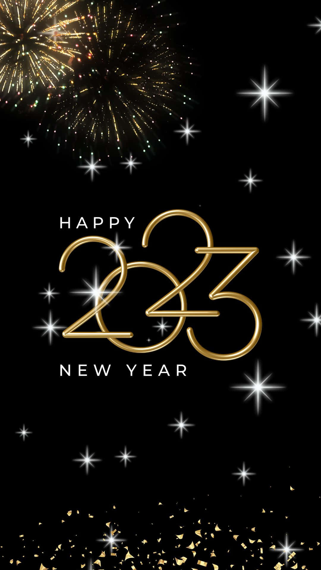 節日 桌布 壁紙 — 金色的「2023」文字在黑色天空中發光，有煙火星星和飄落的五彩紙屑慶祝除夕。
