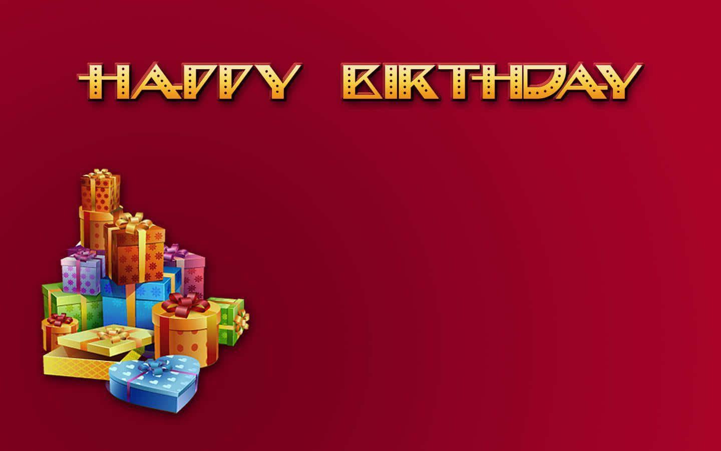 gifts 桌布 壁紙 — 金色的「HAPPY BIRTHDAY」文字懸浮在一堆色彩繽紛的包裝禮物上方，背景是深紅色。